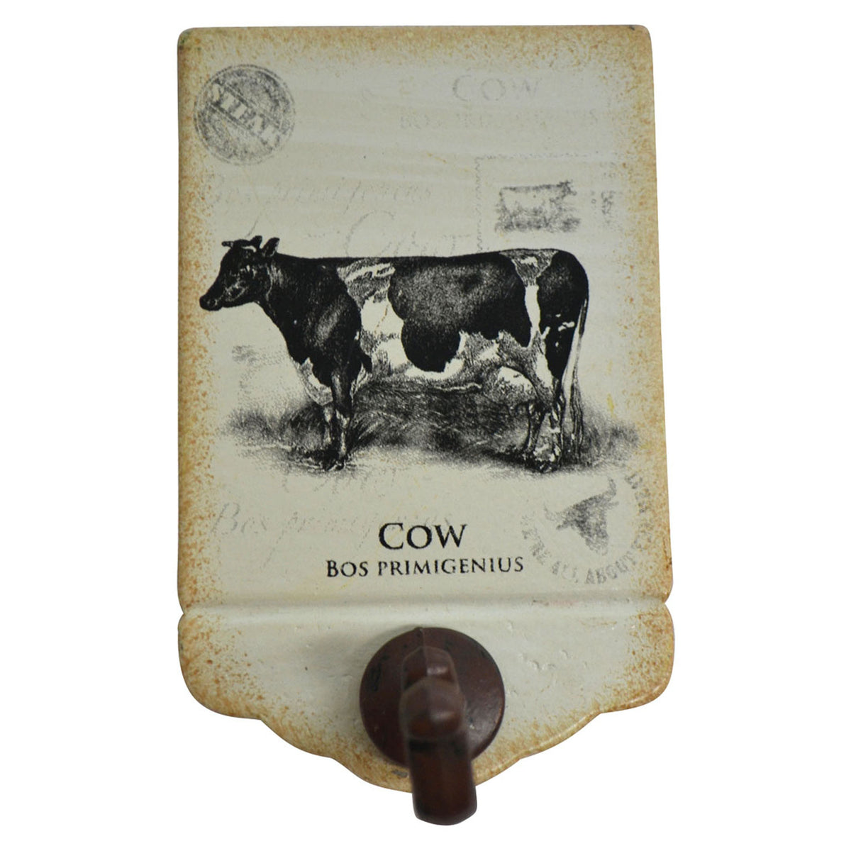 Crochet en fonte de style antique sur plaque métallique avec gravure, vache
