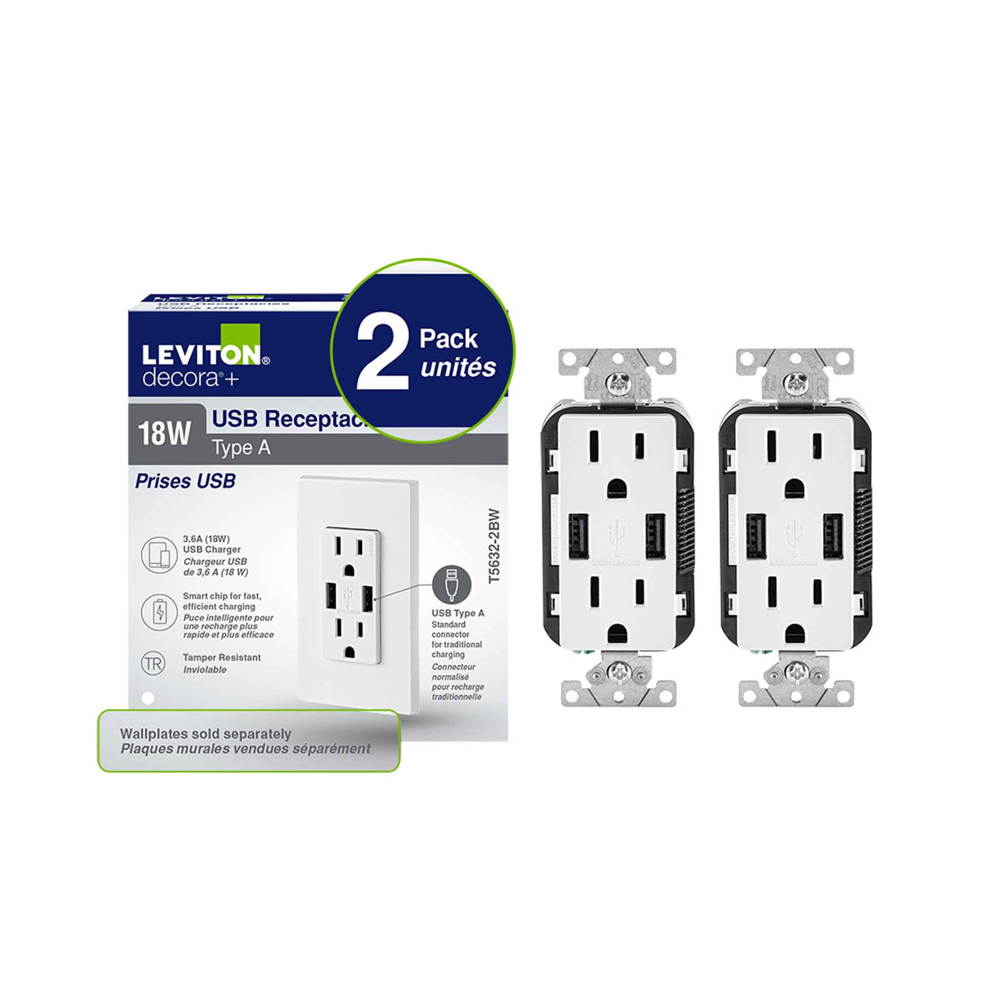 Prise double Decora Plus avec chargeurs USB de Type-A, blanc (2 unités)