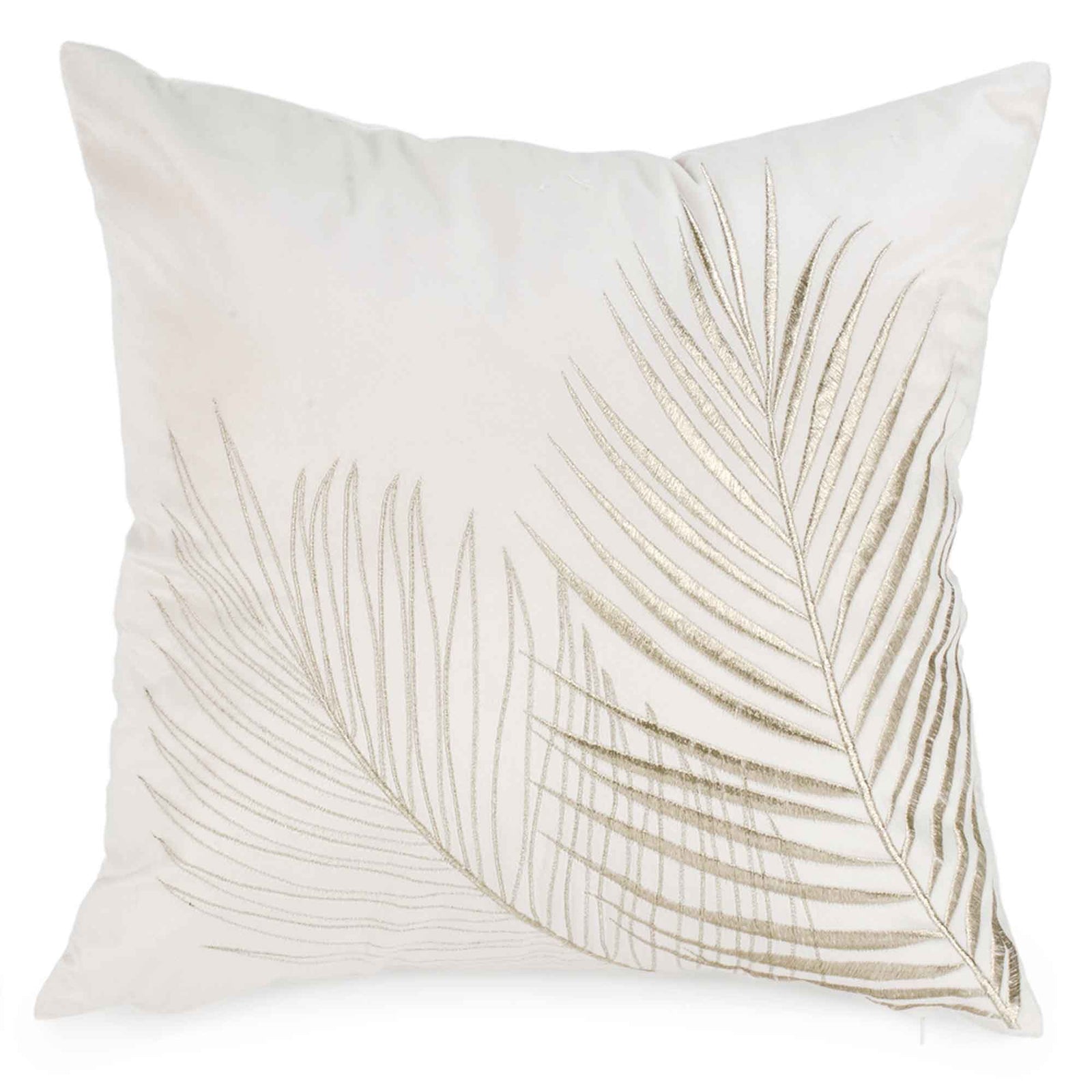Coussin de velours beige avec feuillage doré brodé, 17" x 17"