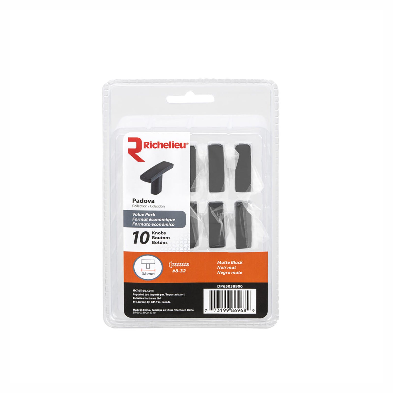 Bouton Padova en métal de 38 mm, noir mat (10 unités)
