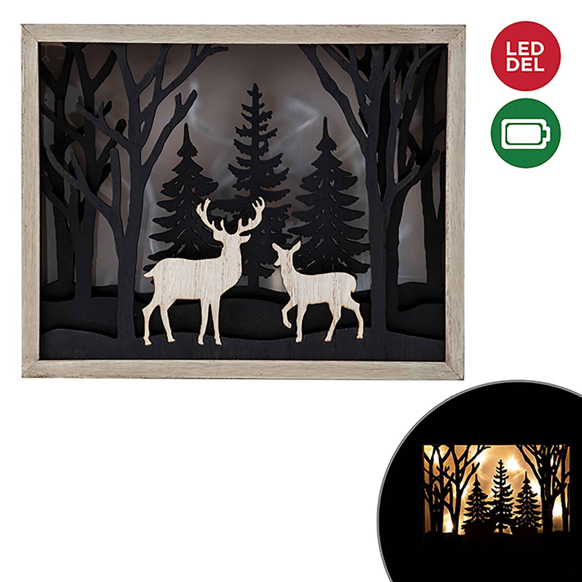 Décoration lumineuse en bois et métal avec rennes et sapins, 9,8" x 7,9"