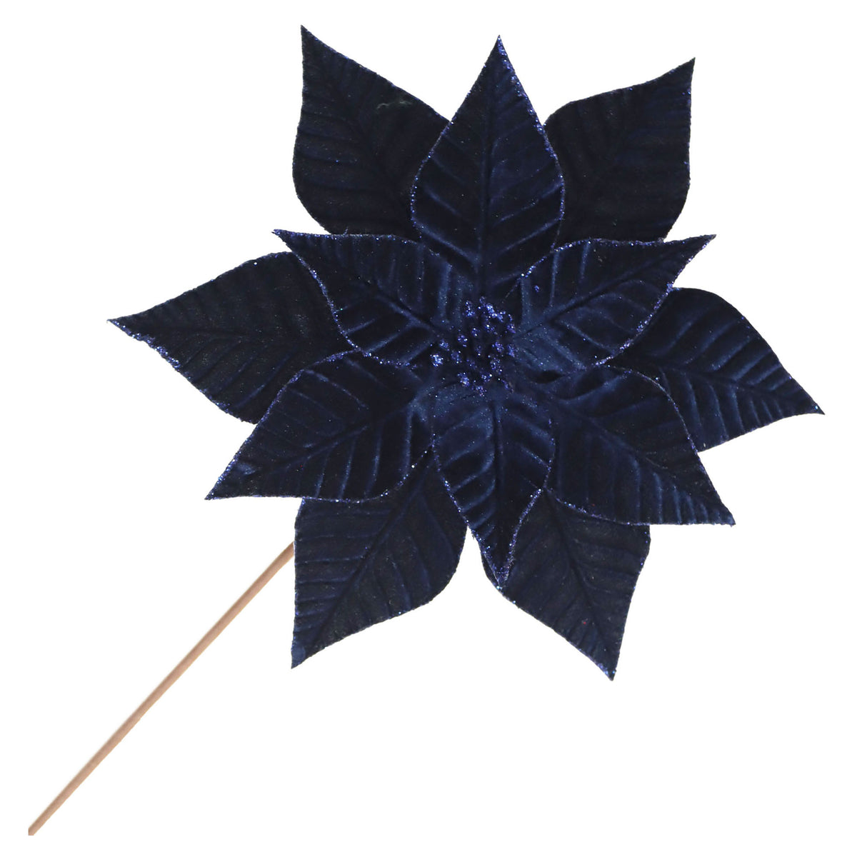 Ornement de poinsettia en velours bleu marine sur tige, 12"