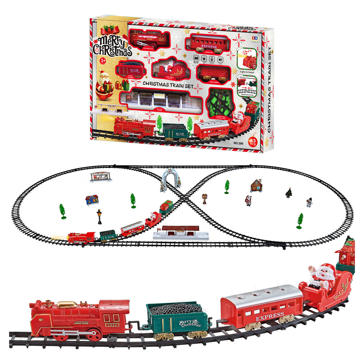 Train de Noël en mouvement avec de la Lumière et de la musique, 74" x 38-1/2" (43 pièces)