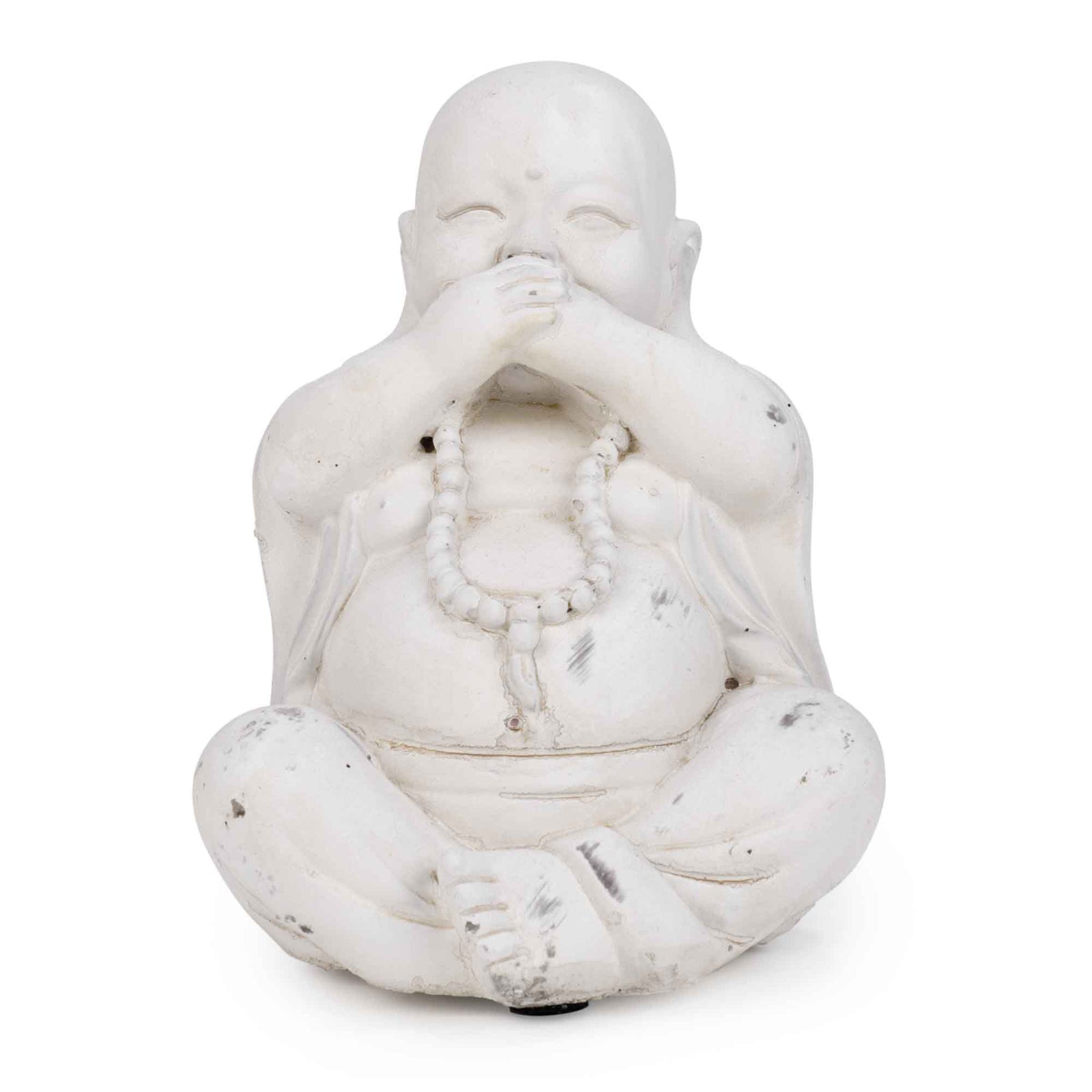 Bouddha antique avec mains sur bouche, 5" x 4" x 6,5"
