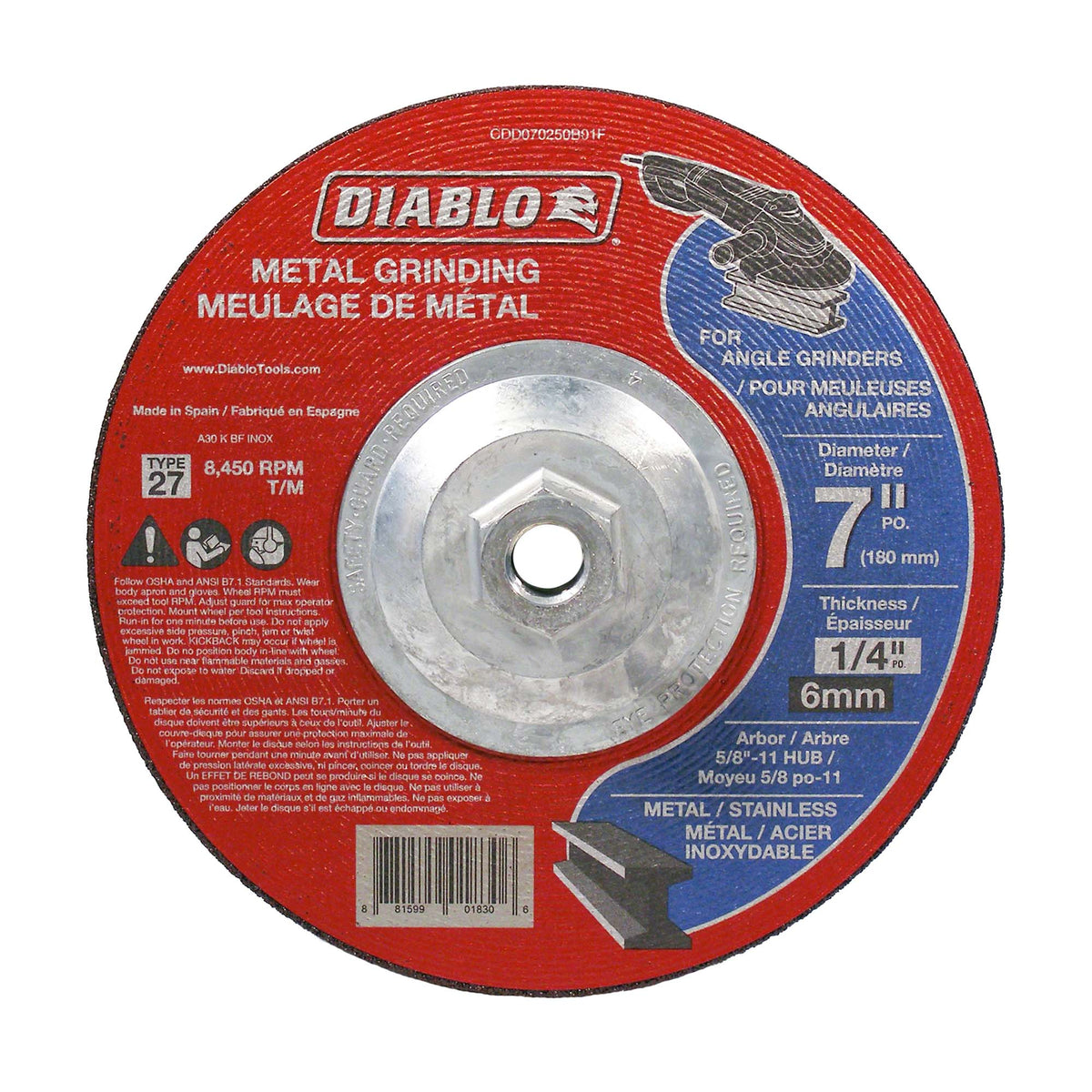 Disque de meulage Diablo pour le métal de 7&quot; x 1/4&quot;, arbre 5/8&quot;-11