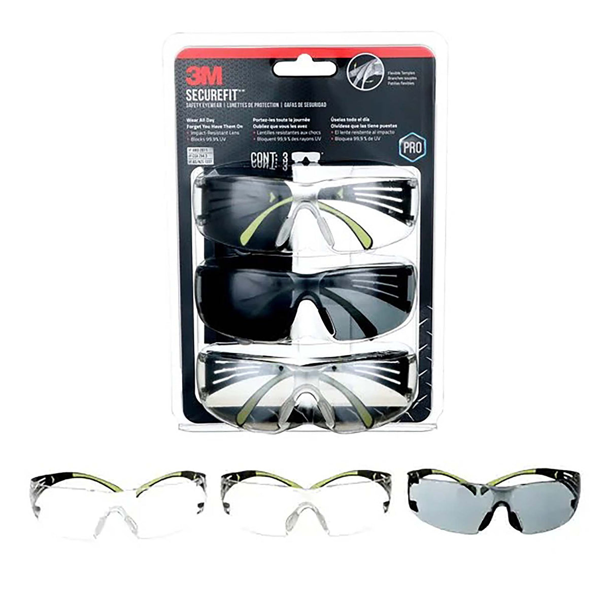 Lunettes de protection 3M à monture noire, accent vert et verres transparents gris &amp; miroir, paquet de 3