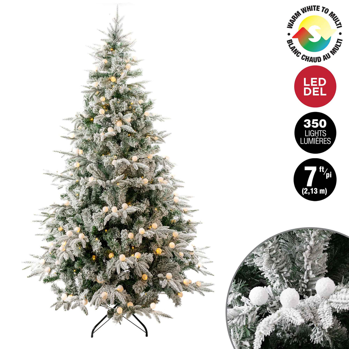 Sapin de Noël floqué à 350 lumières DEL duo-couleurs avec fonctions et 873 pointes, 7' (2,13 m) 