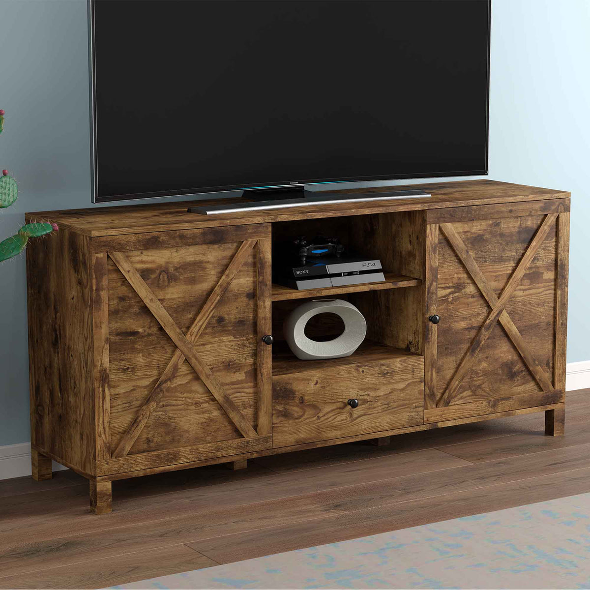 Meuble télévision en bois récupérer à 6 étagères et 1 tiroir, 58,5&quot; x 15,5&quot; x 27,75&quot;