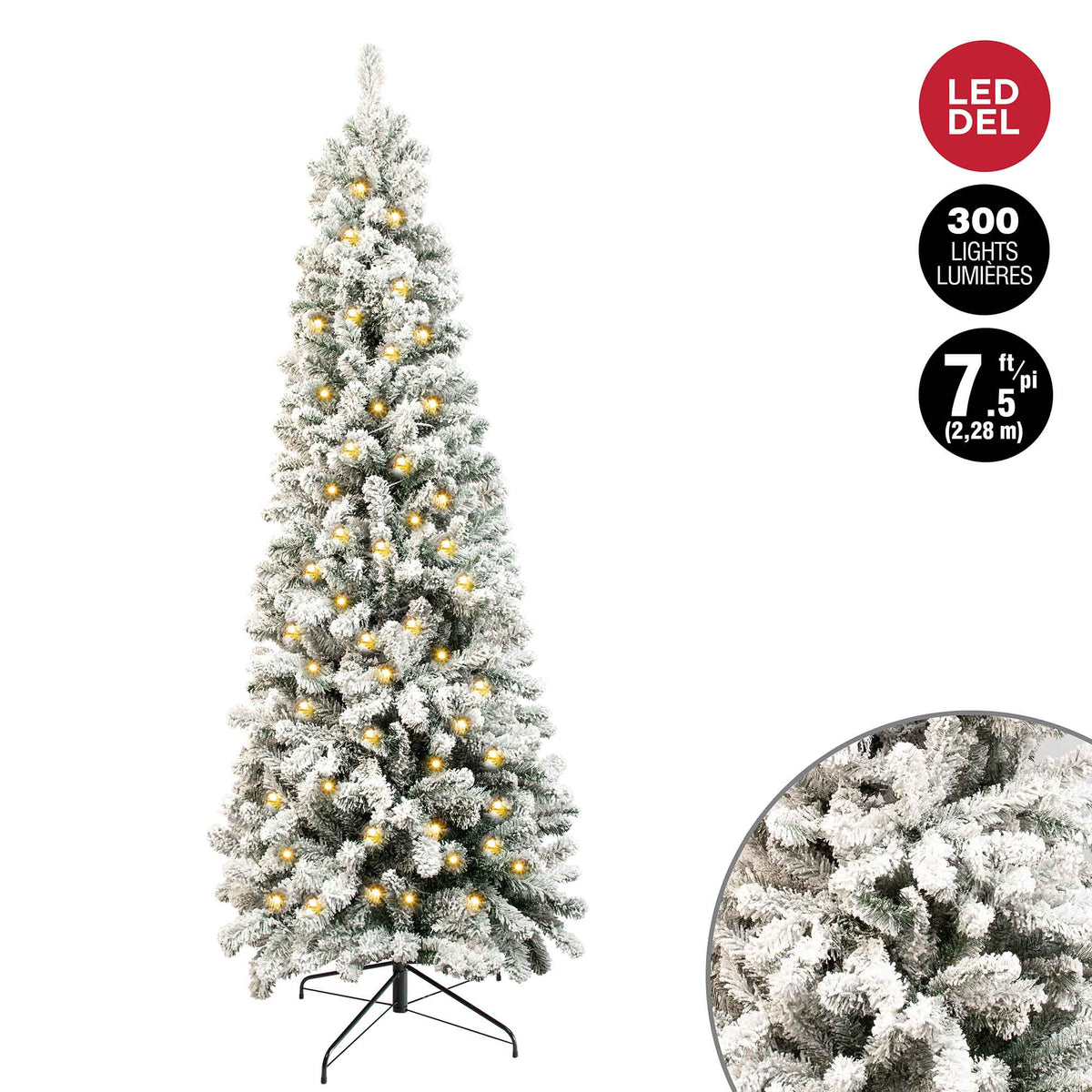 Sapin de Noël floqué et étroit à 300 lumières DEL en blanc chaud avec 626 pointes, 7&#39; (2,13 m)