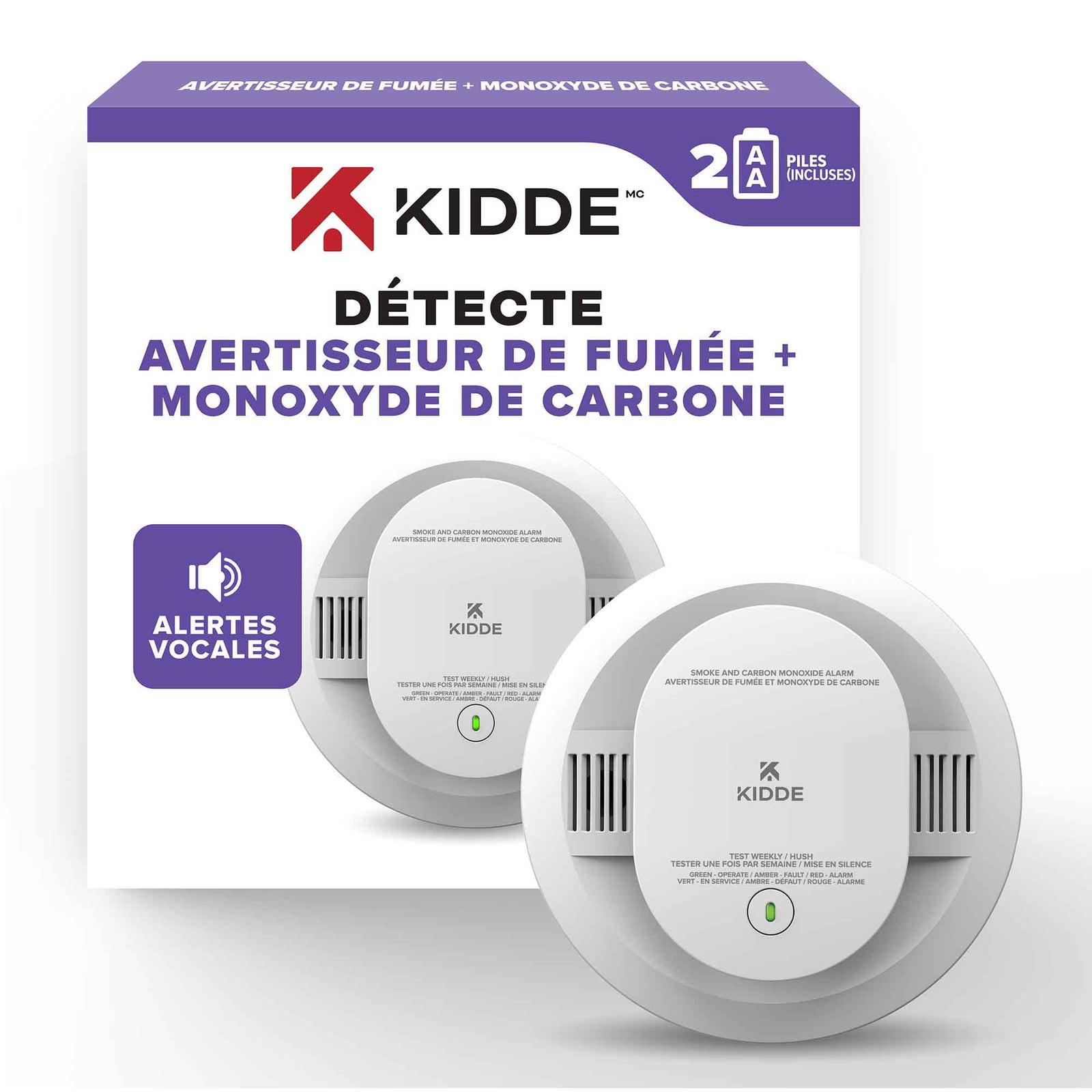 Avertisseur vocal de fumée et de monoxyde de carbone à piles, 2 x AA