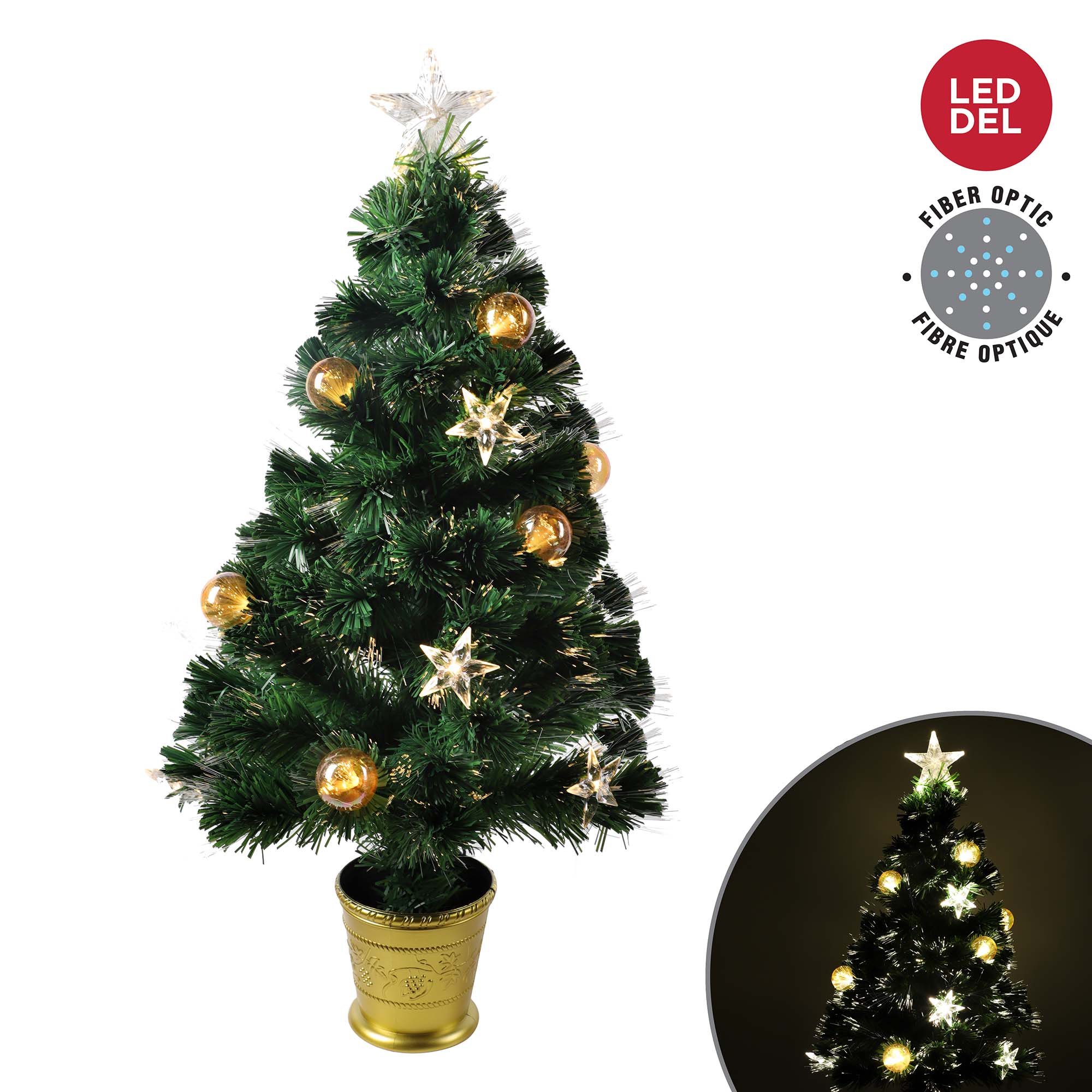 Sapin de Noël en fibre optique avec boules et étoiles illuminées à DEL, 90 cm