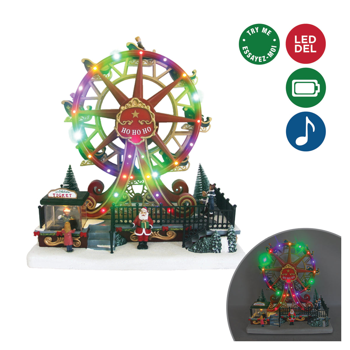 Scène lumineuse à DEL en résine animée et musicale de Noël avec grande roue tournante, 11'' x 7'' x 12''