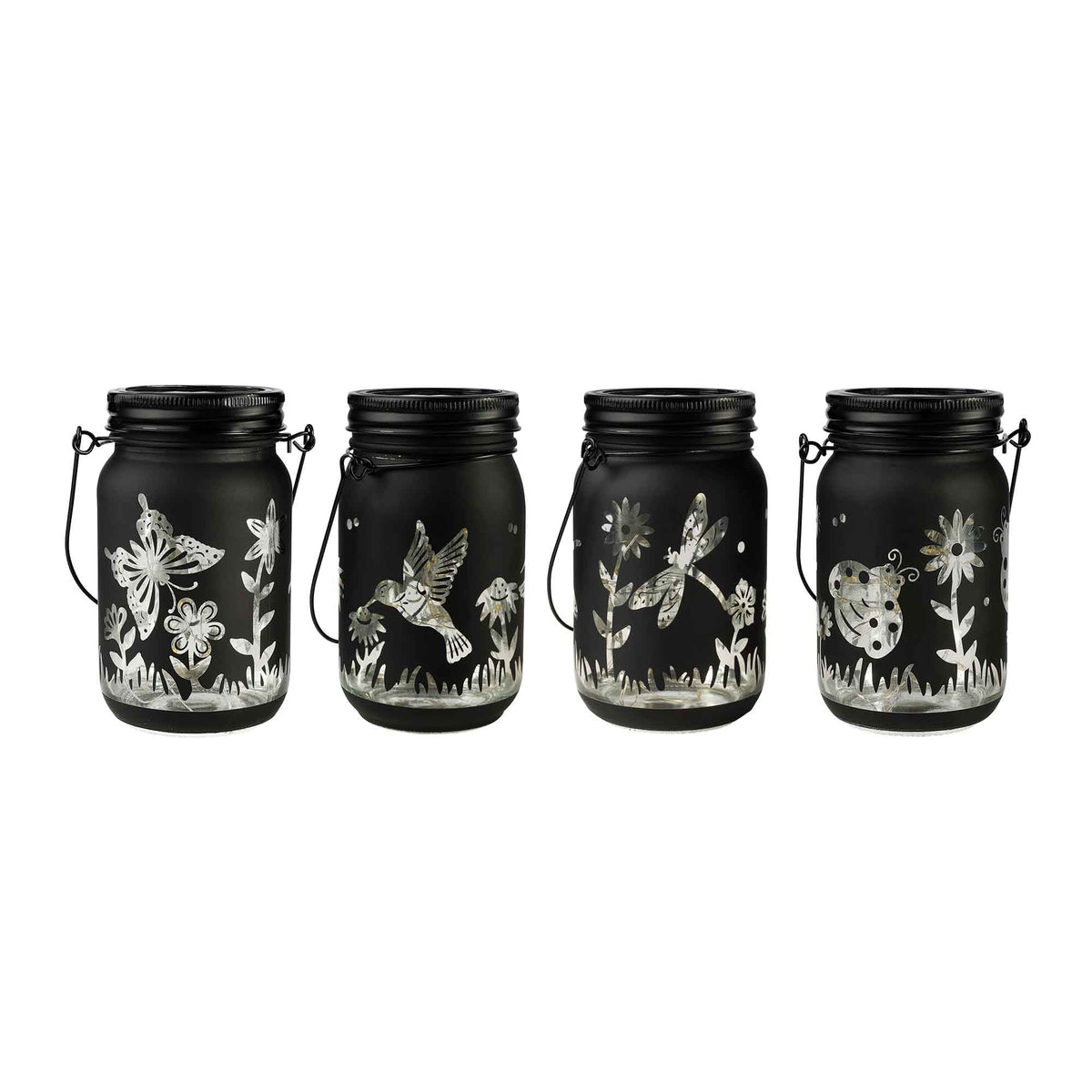 Bocal en verre solaire avec poignée en métal avec design thème jardin, noir (choix entre 4 modèles)