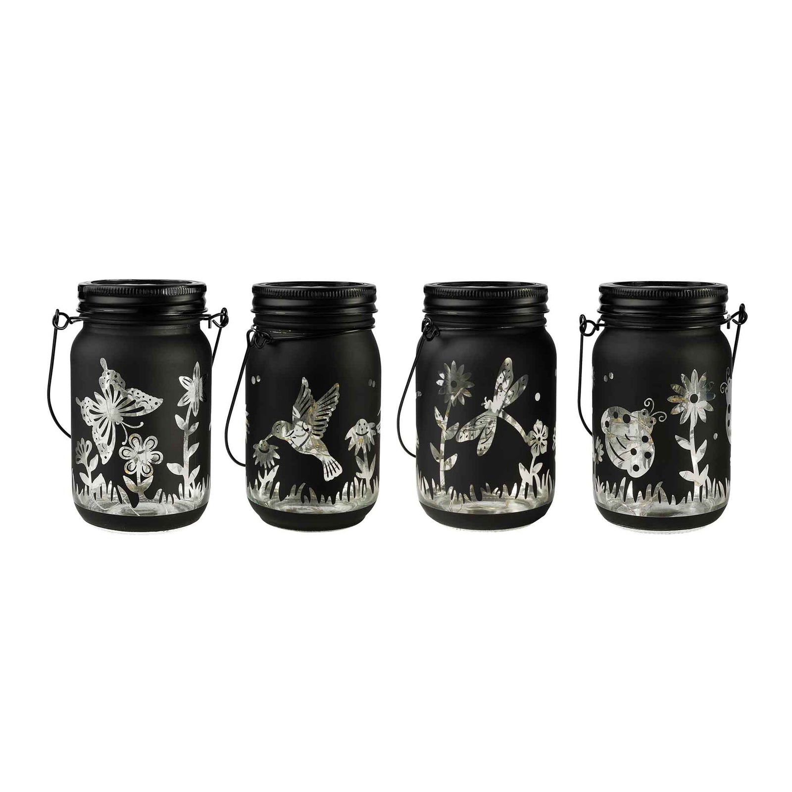 Bocal en verre solaire avec poignée en métal avec design thème jardin, noir (choix entre 4 modèles)