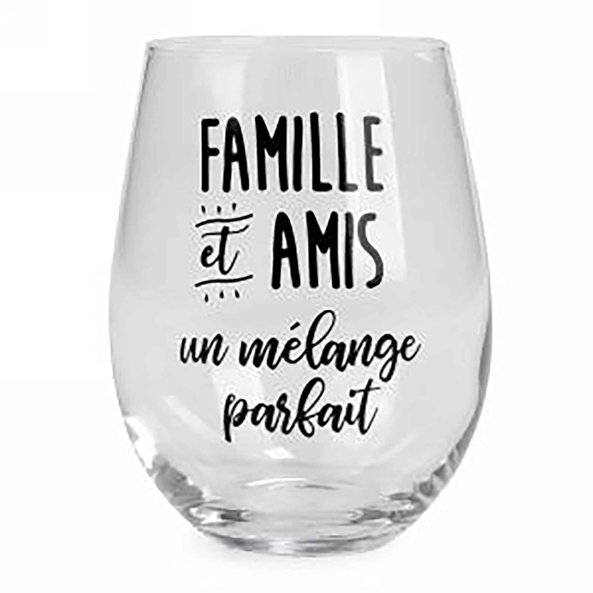 Verre à vin sans pied avec inscription en noir &quot;FAMILLE et AMIS...&quot;, 3,5&quot; x 5&quot;