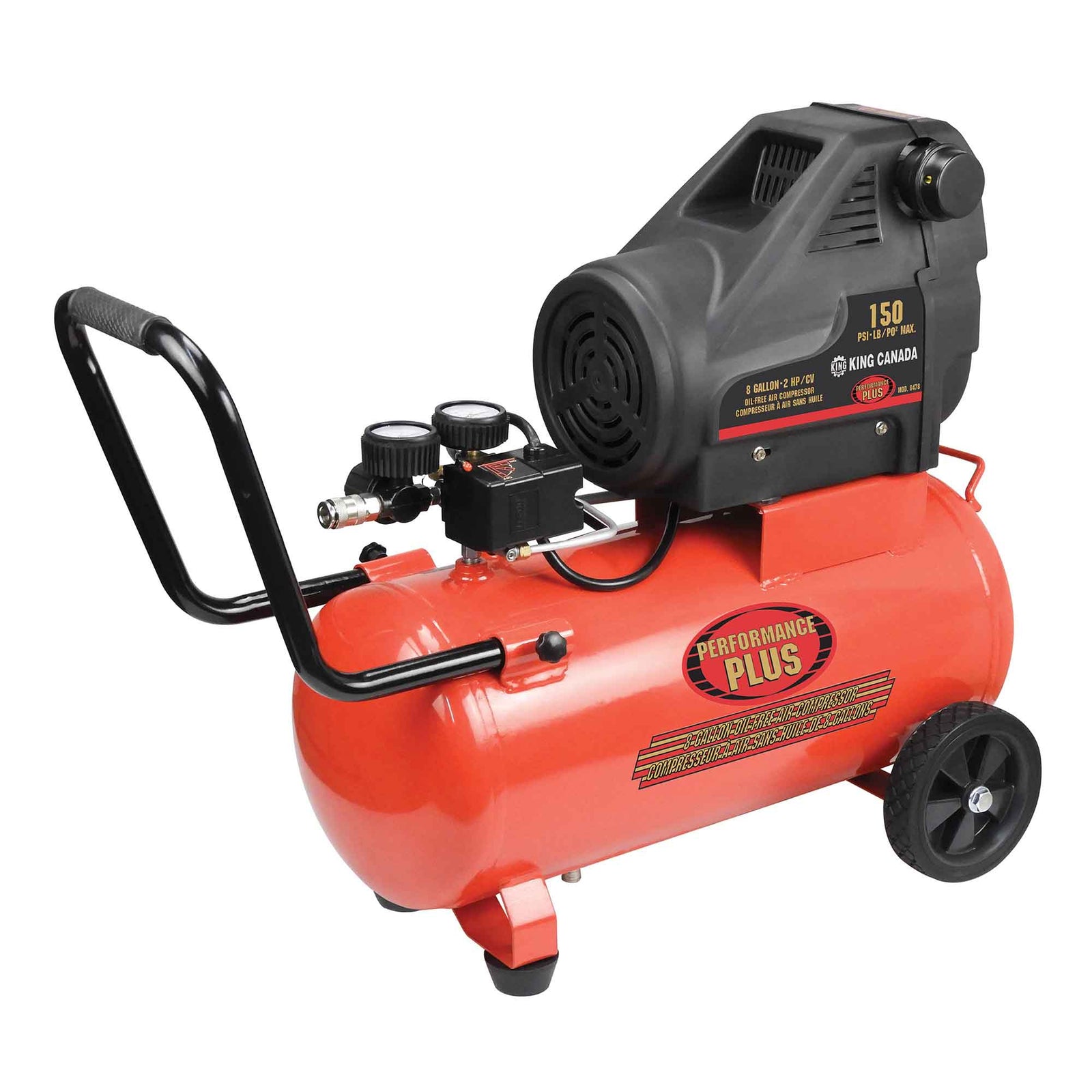 Compresseur à air horizontal sans huile sur roue, 8 gallons