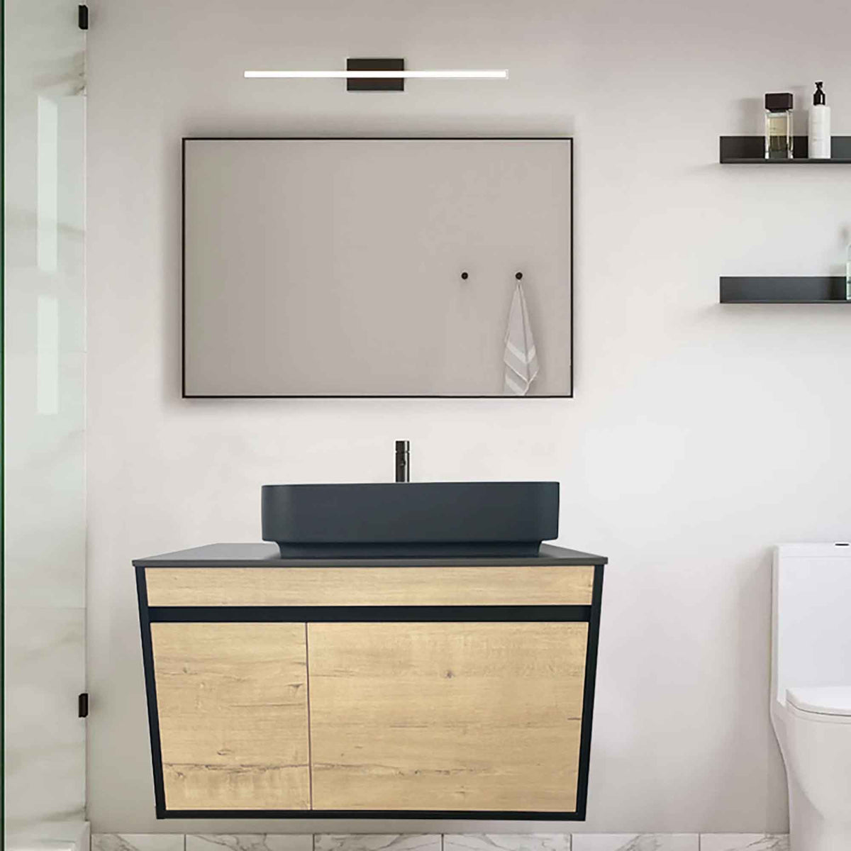 Meuble-lavabo mural, 32'' (chêne naturel et noir)