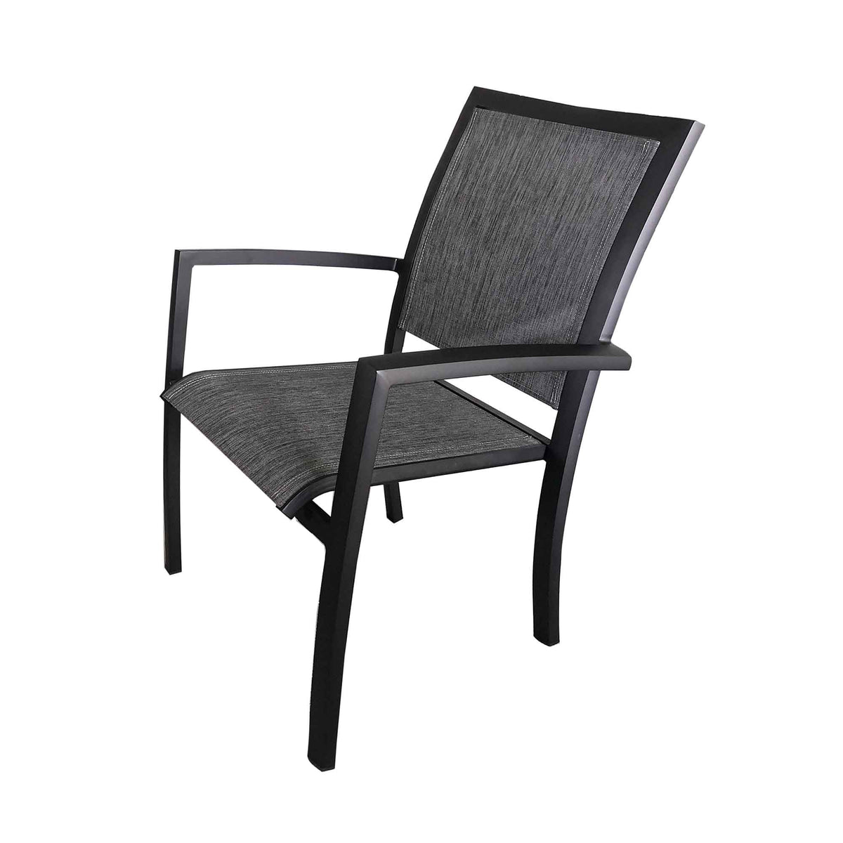 Chaise empilable en aluminium noir avec tissus gris chiné, 24" x 21" x 36" 