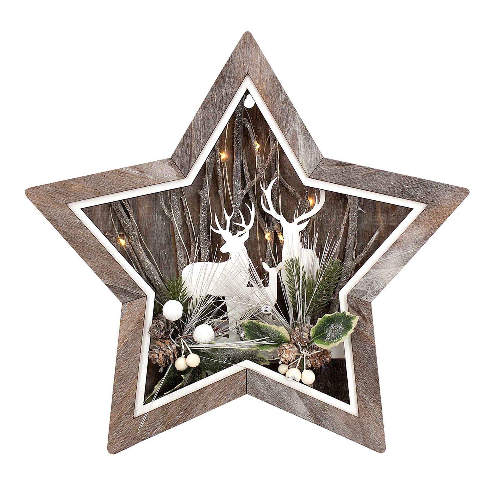 Décoration d'étoile en bois avec chevreuils et DEL, 14''