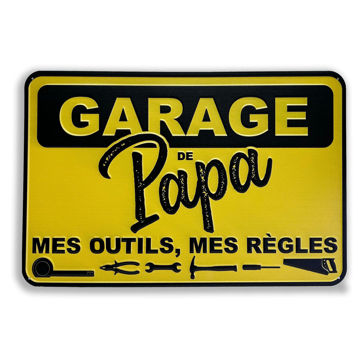 Plaque murale en fer « Garage de Papa Mes Outils Mes Règles », 18" x 12" (jaune)