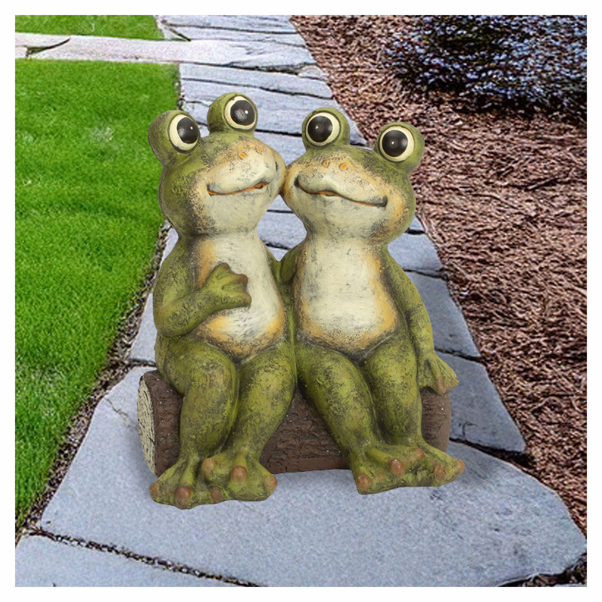 Décoration de 2 grenouilles assises sur un rondin pour le jardin, 10" x 5" x 14-1/2"