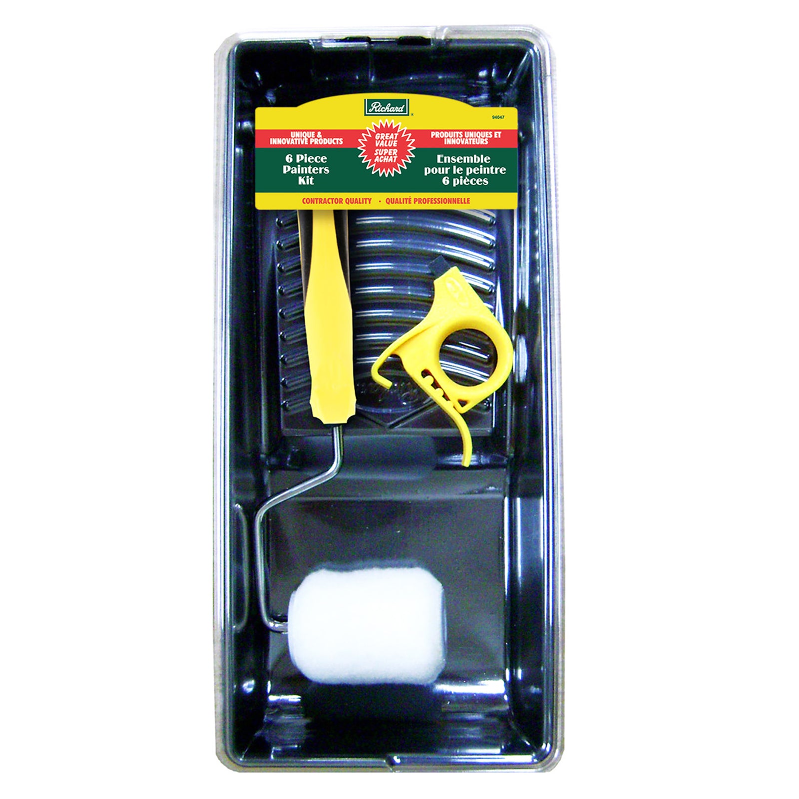 Mini-ensemble 6 pièces (plateau en plastique + 2 doublures en plastique + armature de 3 po, manche ergonomique + rouleau série Ultra Touch de 3 po + porte-bidon de peinture)