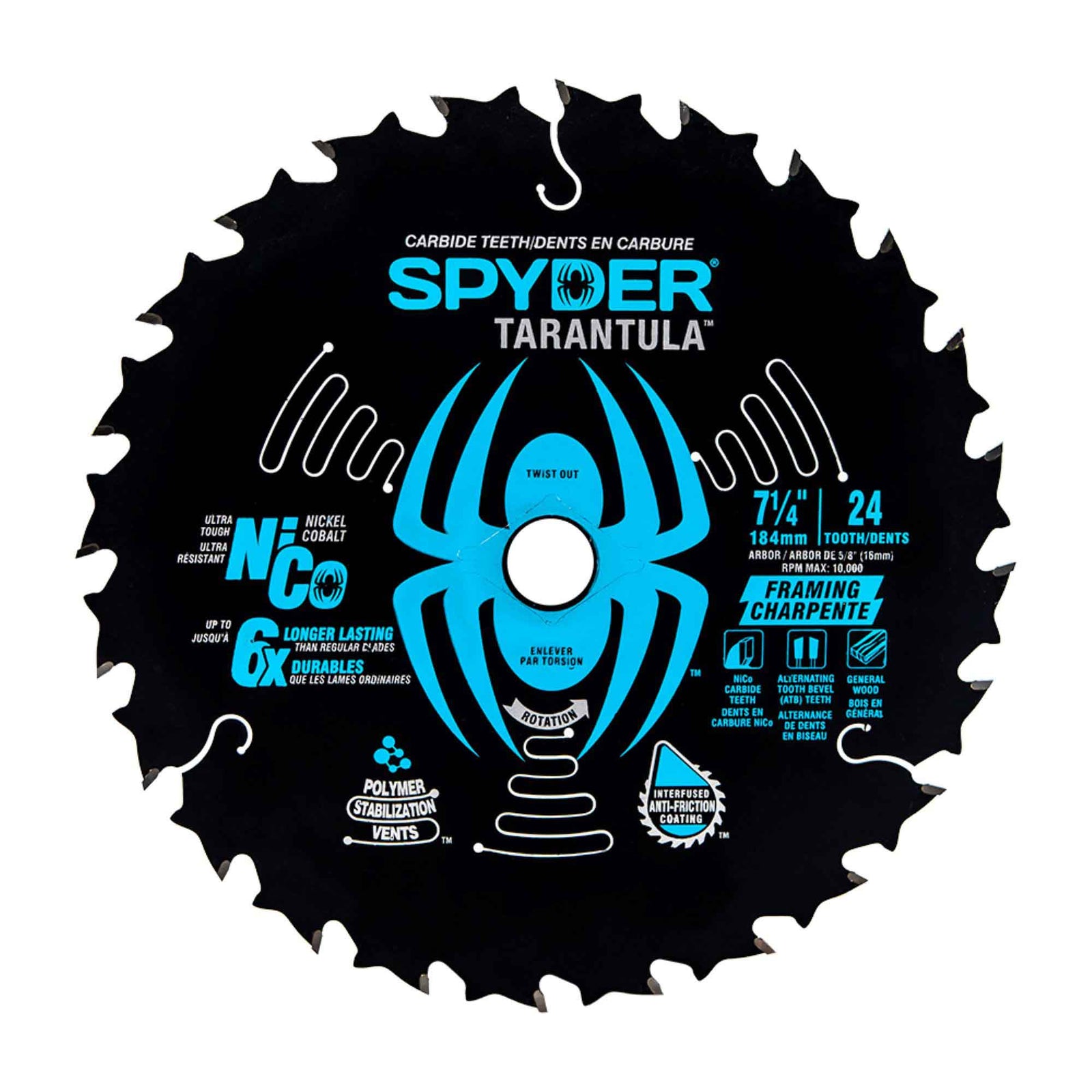 Lame de scie circulaire Tarantula pour la charpente avec 24 dents en acier au carbure de tungstène, 7-1/4" 