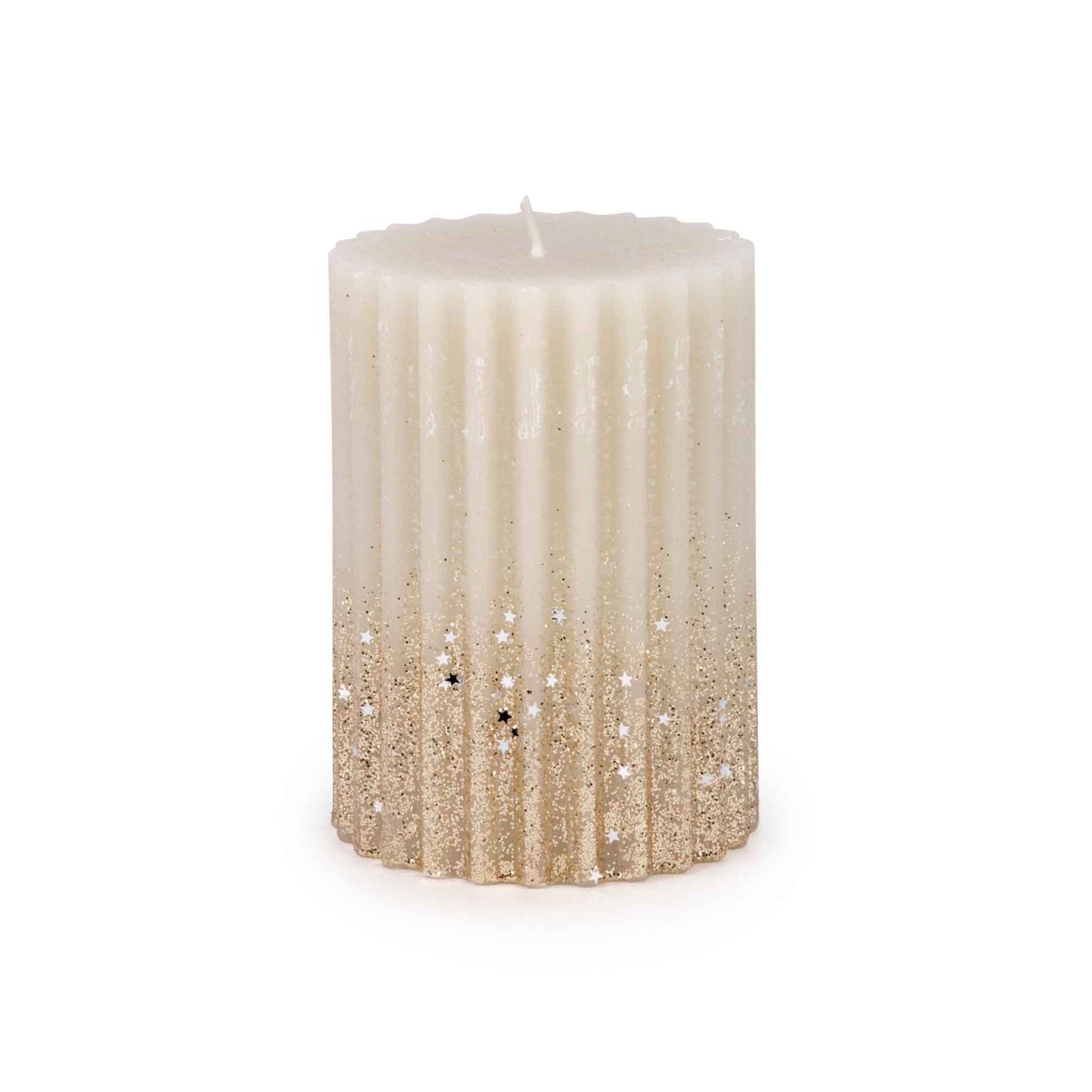 Chandelle scintillante striée dorée et beige, 3" x 4-1/2"