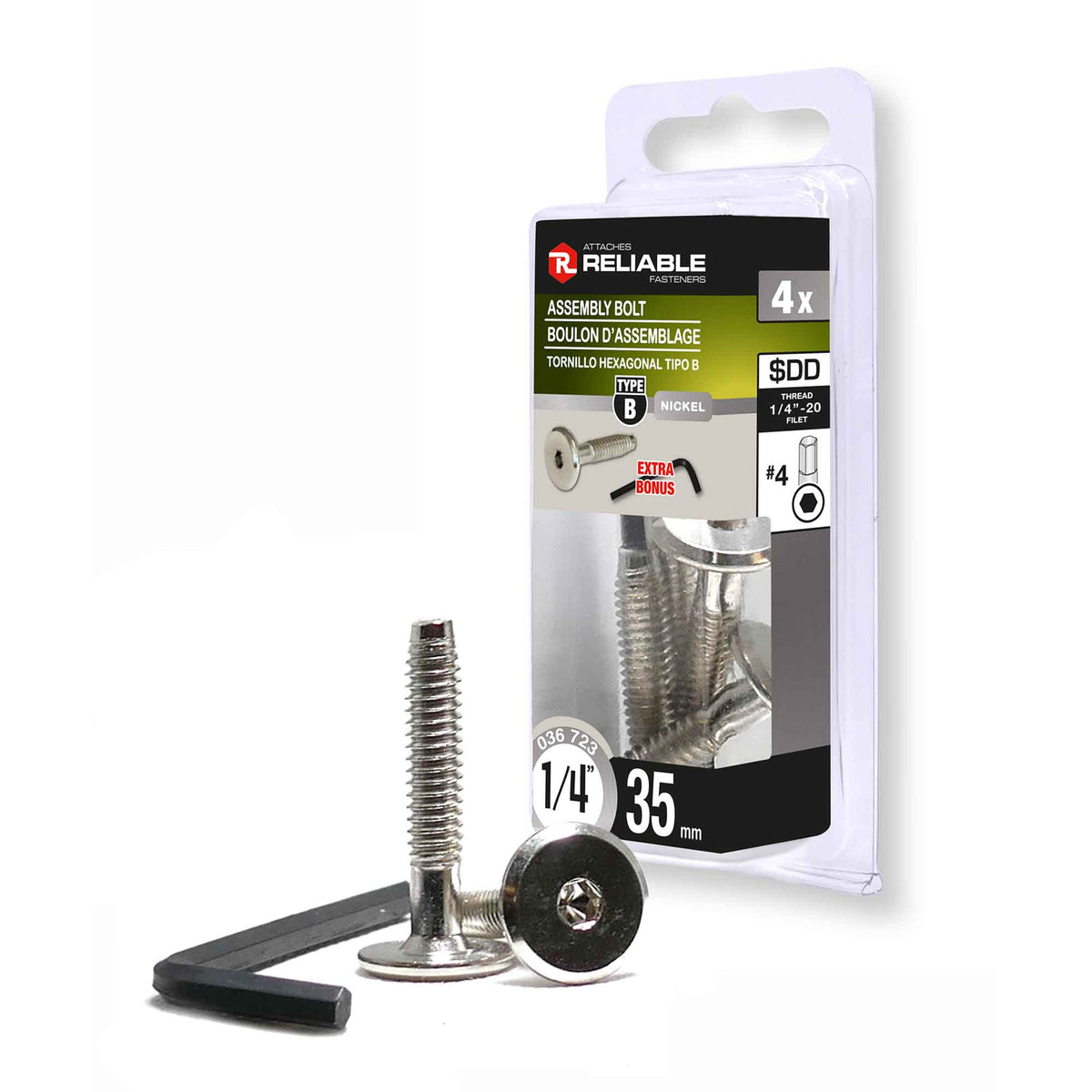 Boulon d'assemblage de Type JCB, 1/4'' x 35 mm (nickel et clé hexagonale) - 4 unités