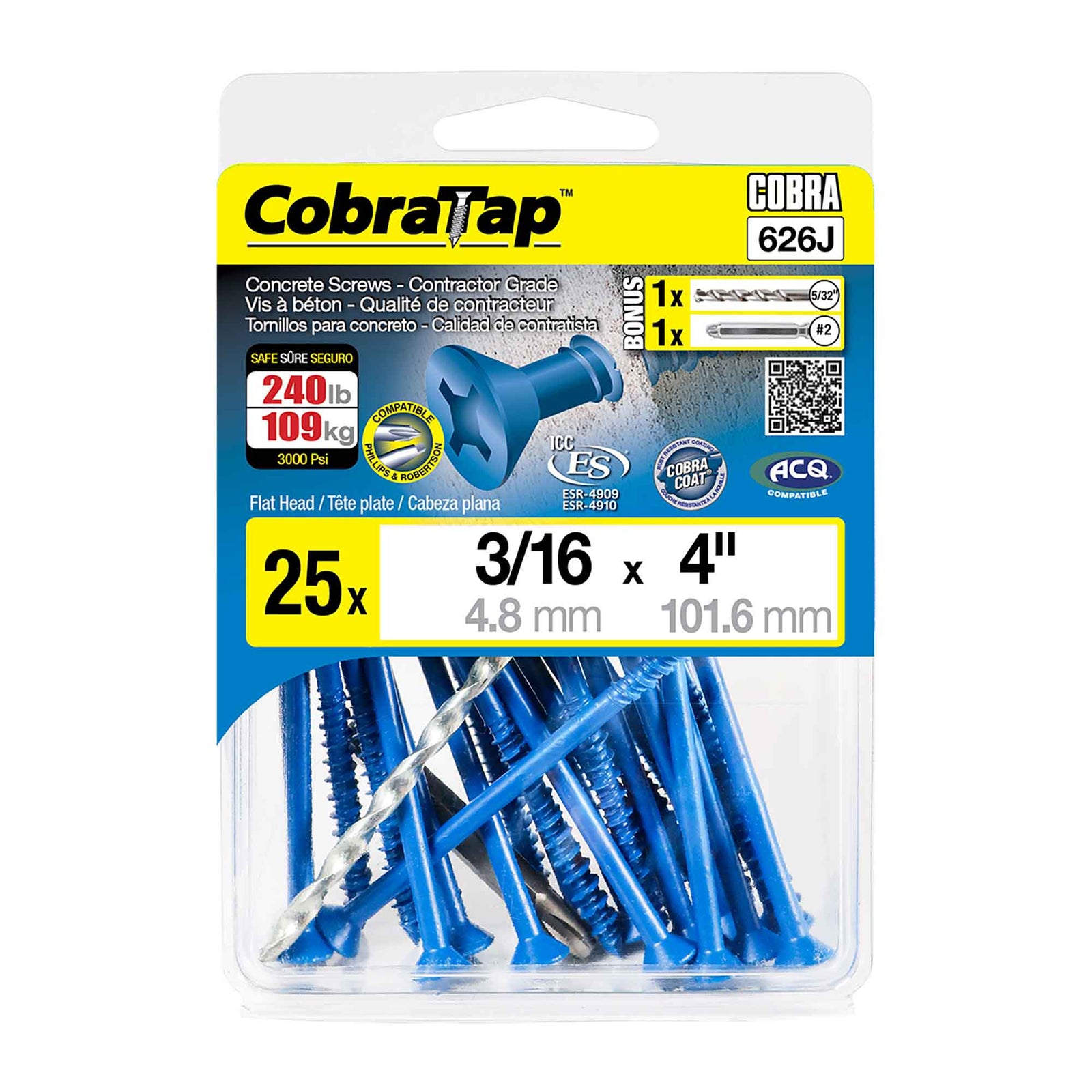 Vis à béton à tête plate CobraTap de 3/16" x 4", 25 unités
