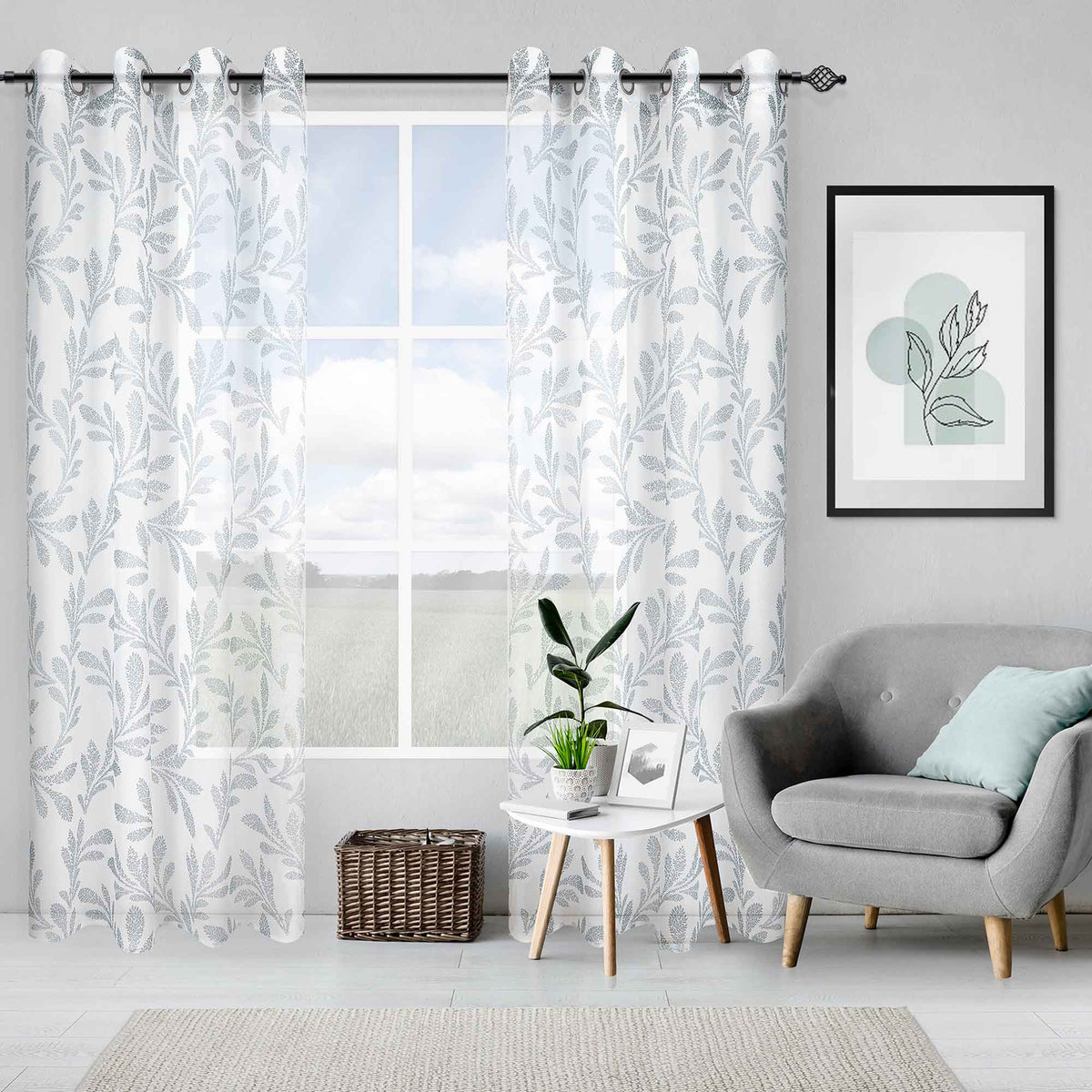 Rideau Dolly transparent avec imprimé fleuri, bleu