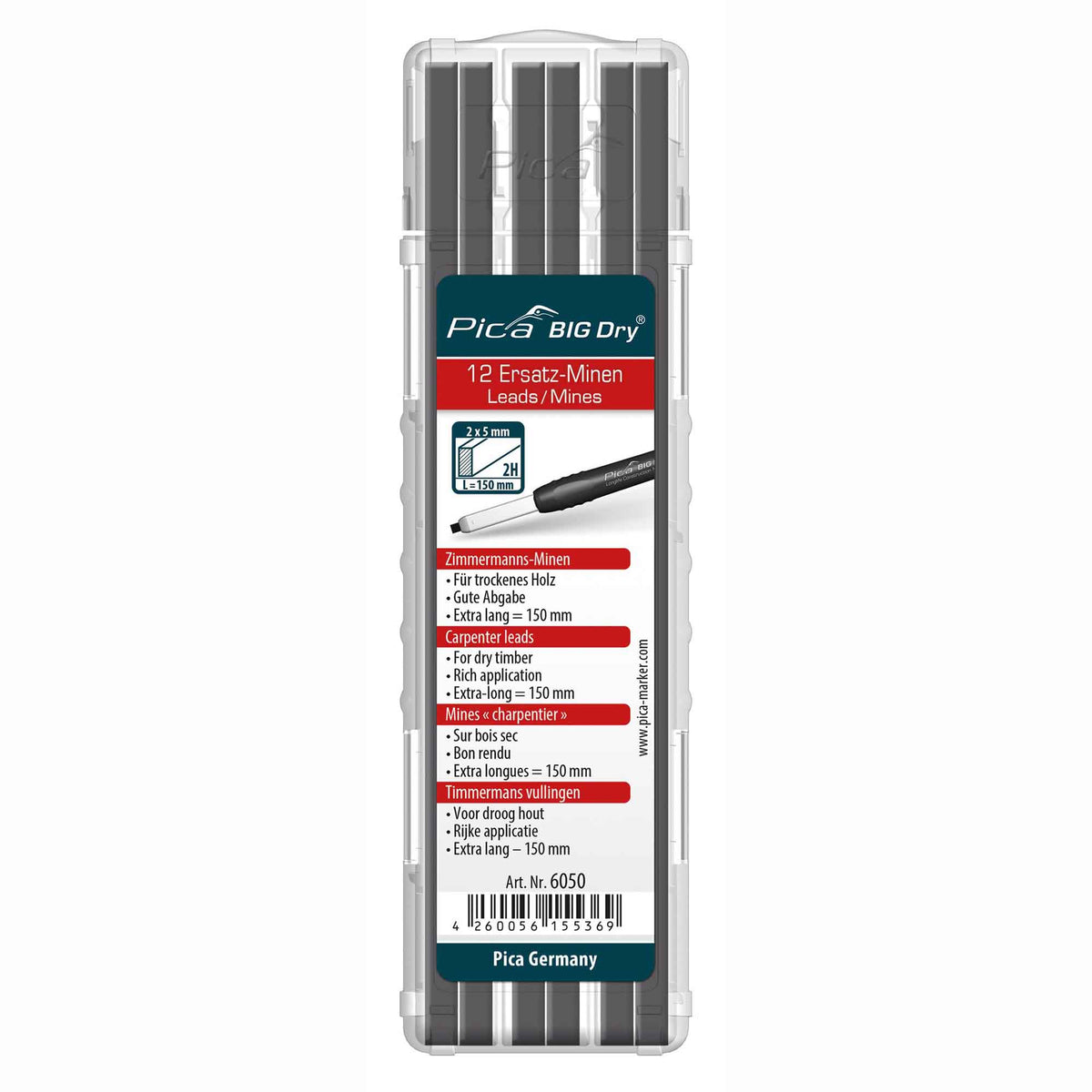 Mine de graphite de recharge pour marqueur de construction Pica BIG Dry, 2H (12 unités)