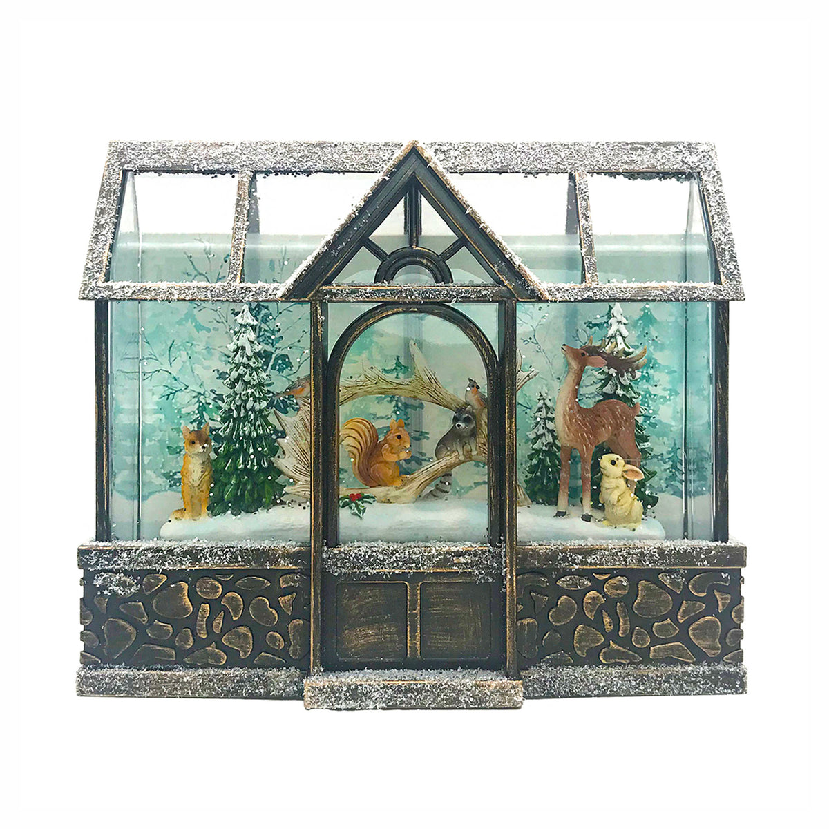 Globe à eau avec neige givrée en forme de serre avec des animaux, 9" x 8"