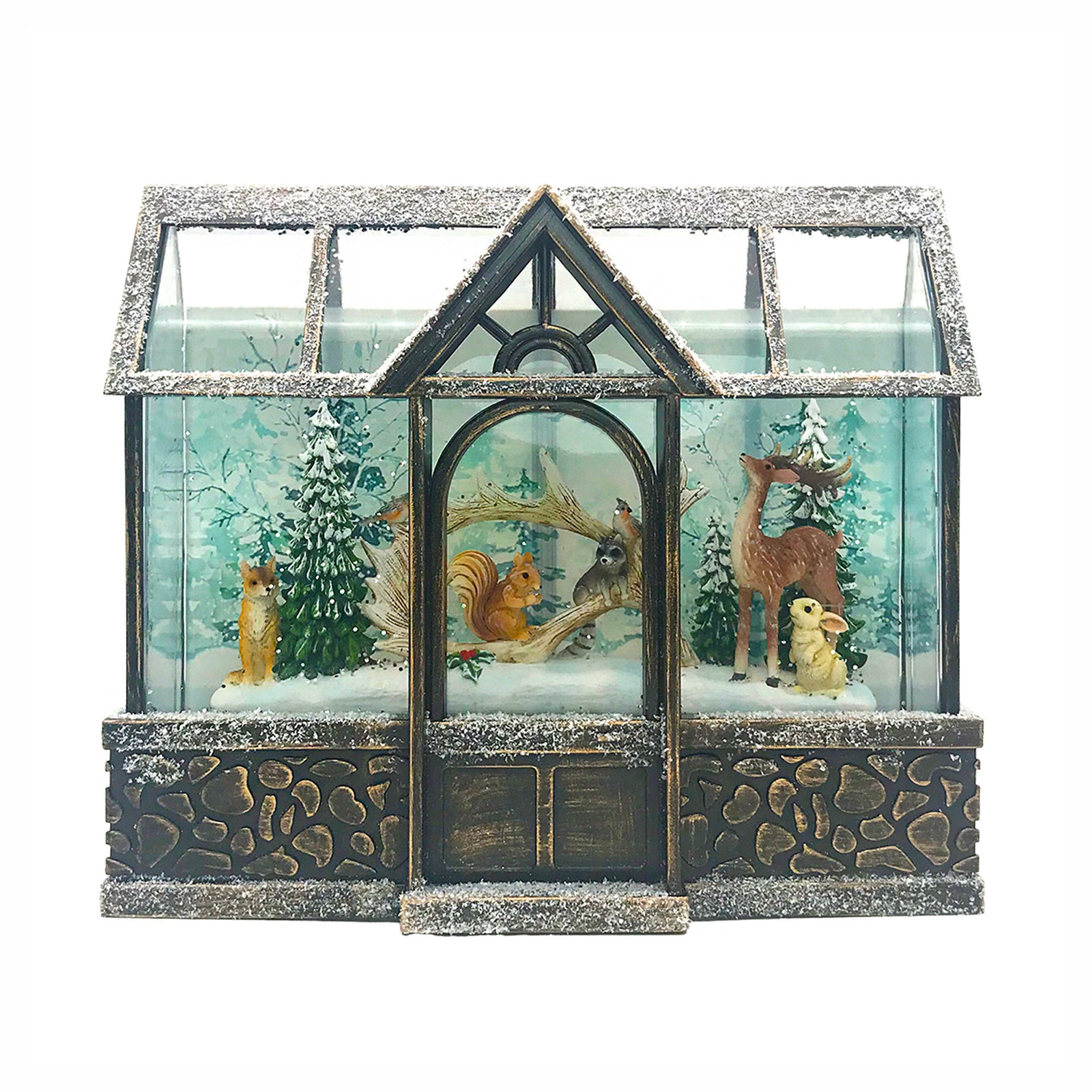 Globe à eau avec neige givrée en forme de serre avec des animaux, 9" x 8"