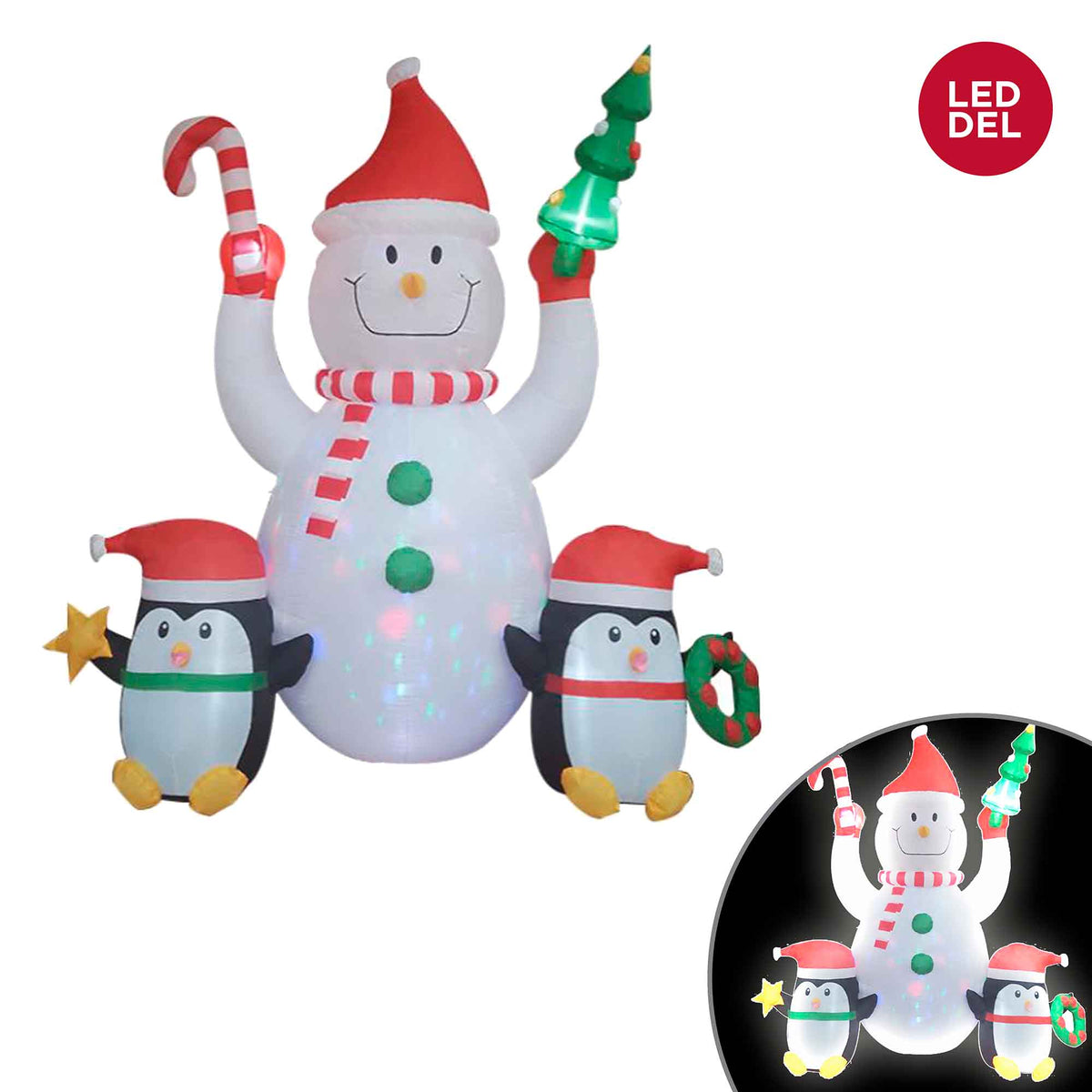 Bonhomme de neige avec 2 pingouins gonflables et lumineux, 7&#39;