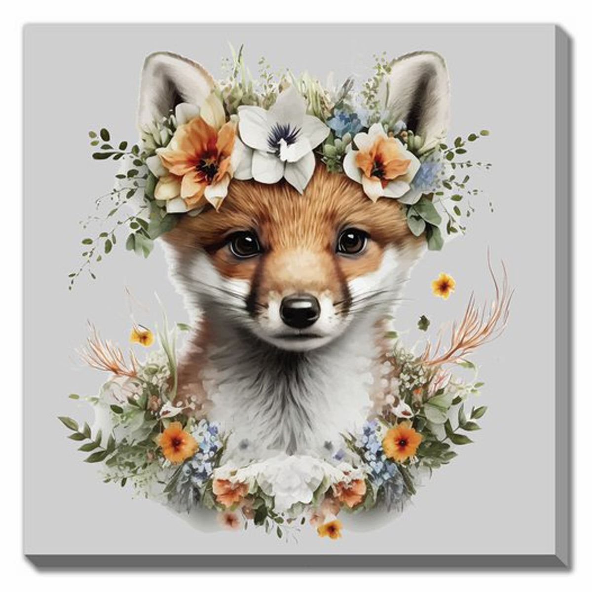 Canevas de renard avec couronnes de fleurs, 16" x 16" 