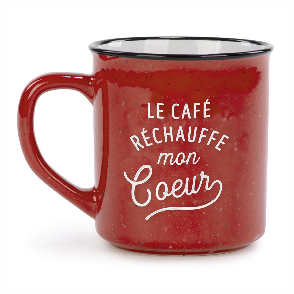 Tasse rouge avec inscription "LE CAFÉ RÉCHAUFFE mon Cœur"