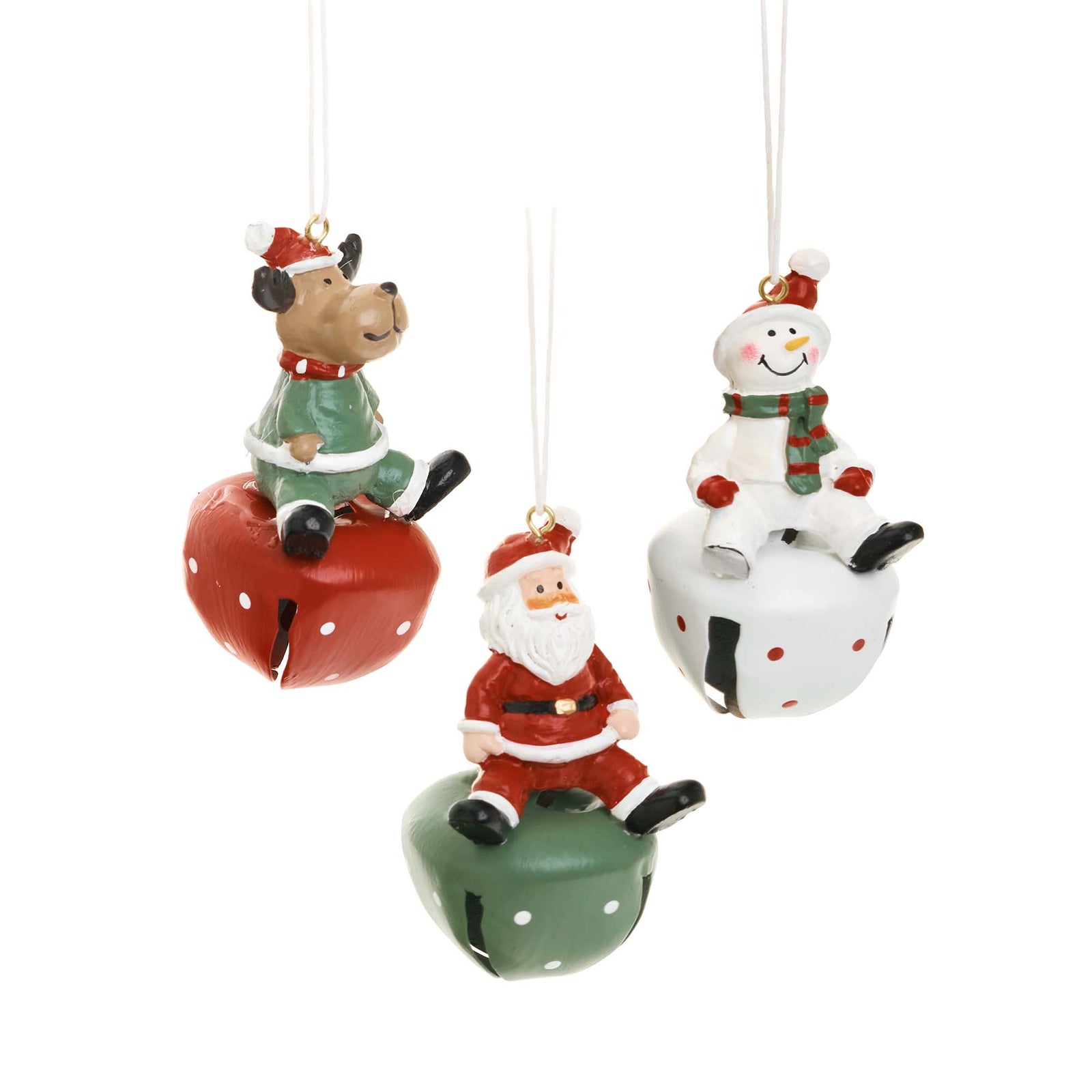 Ensemble 3 ornements en personnages assis sur grelot, 4'' 