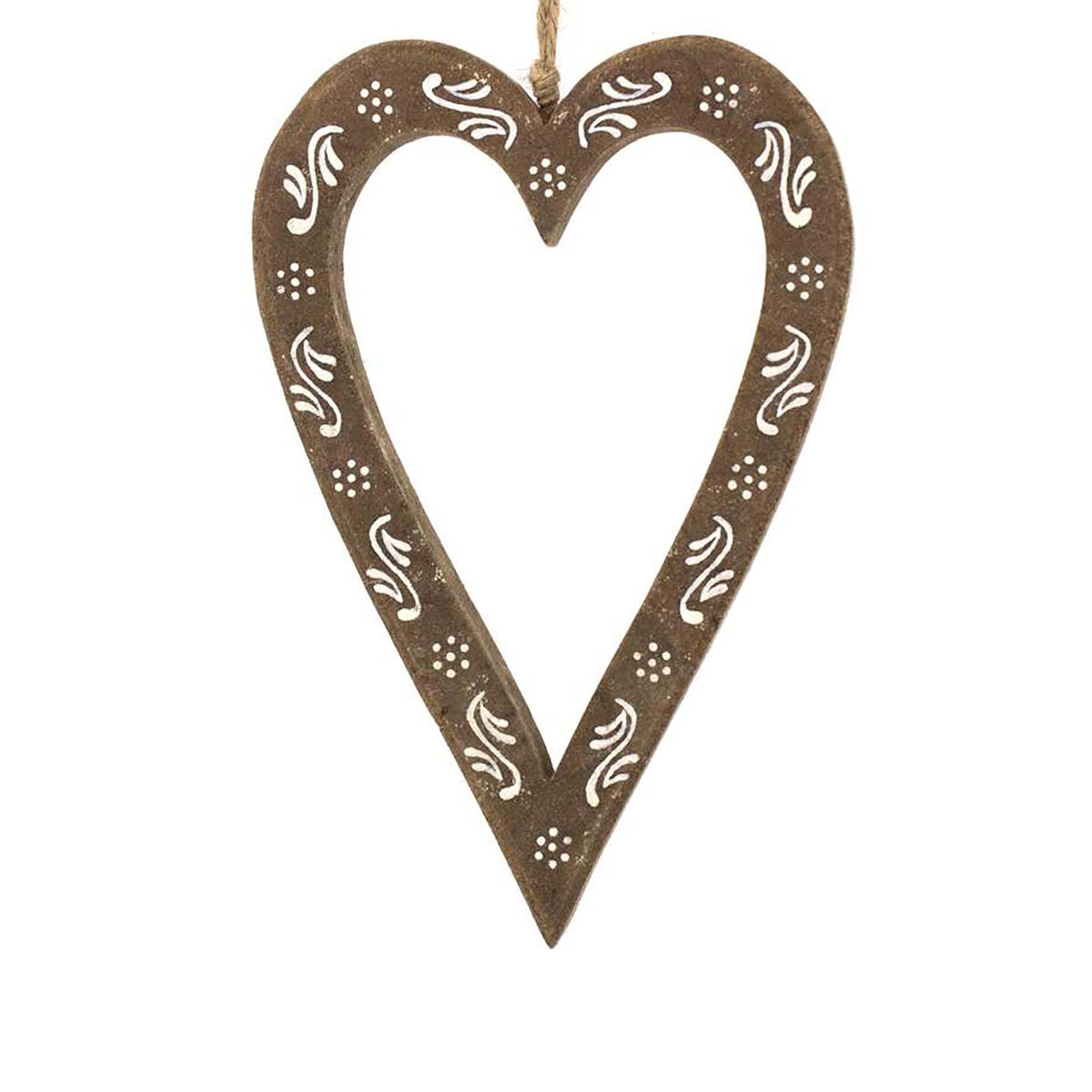 Coeur en bois avec motifs blancs, 6''