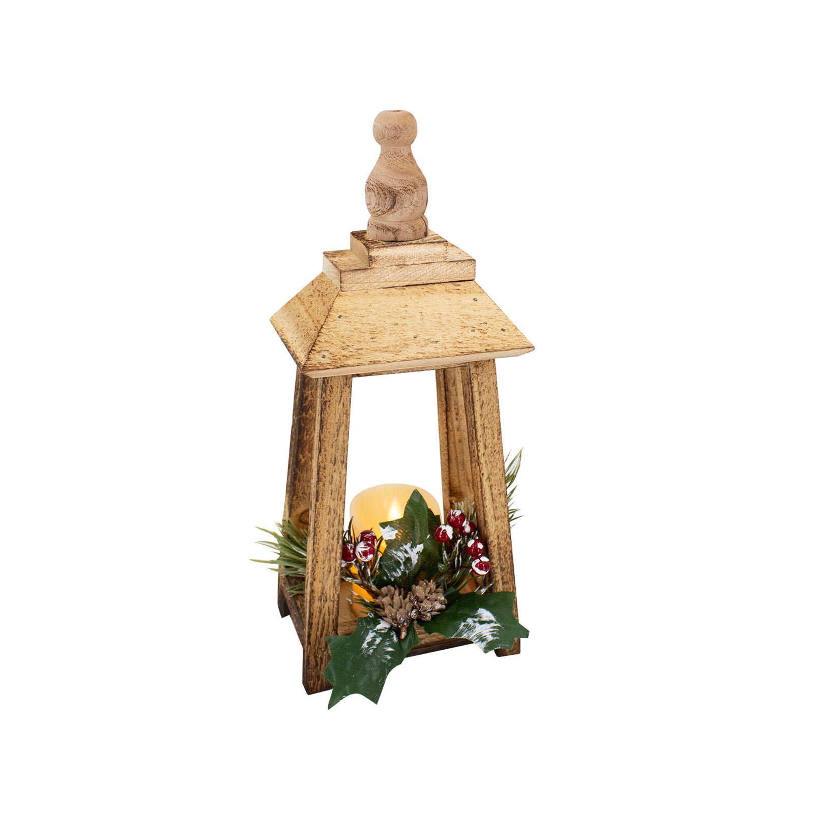 Lanterne de Noël en bois naturel avec chandelle DEL à piles et minuterie, 12''