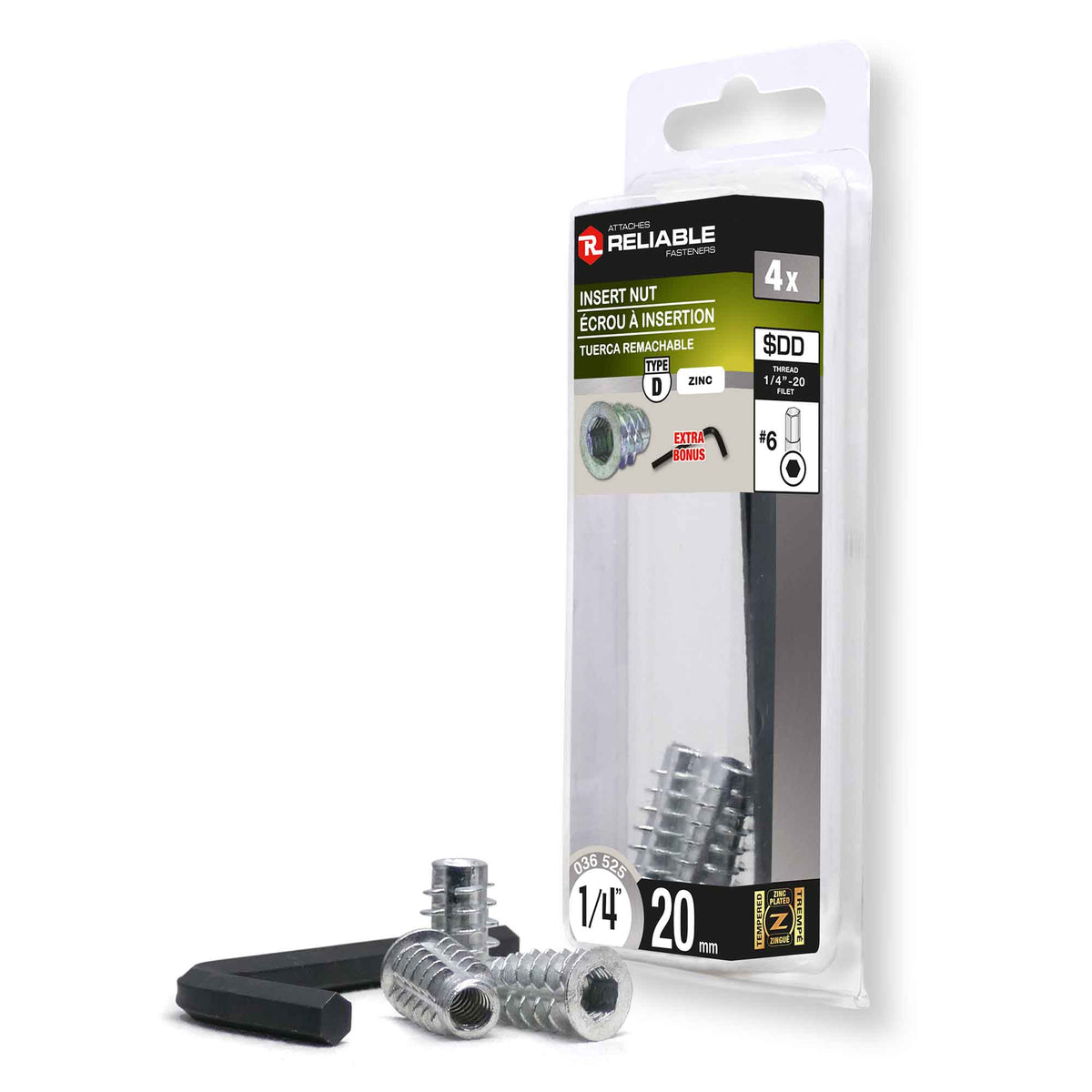 Écrou de Type D, 1/4'' x 20 mm (4 unités)