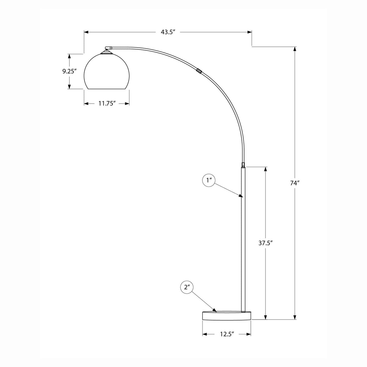 Lampe arquée sur pied en métal noir, 74"