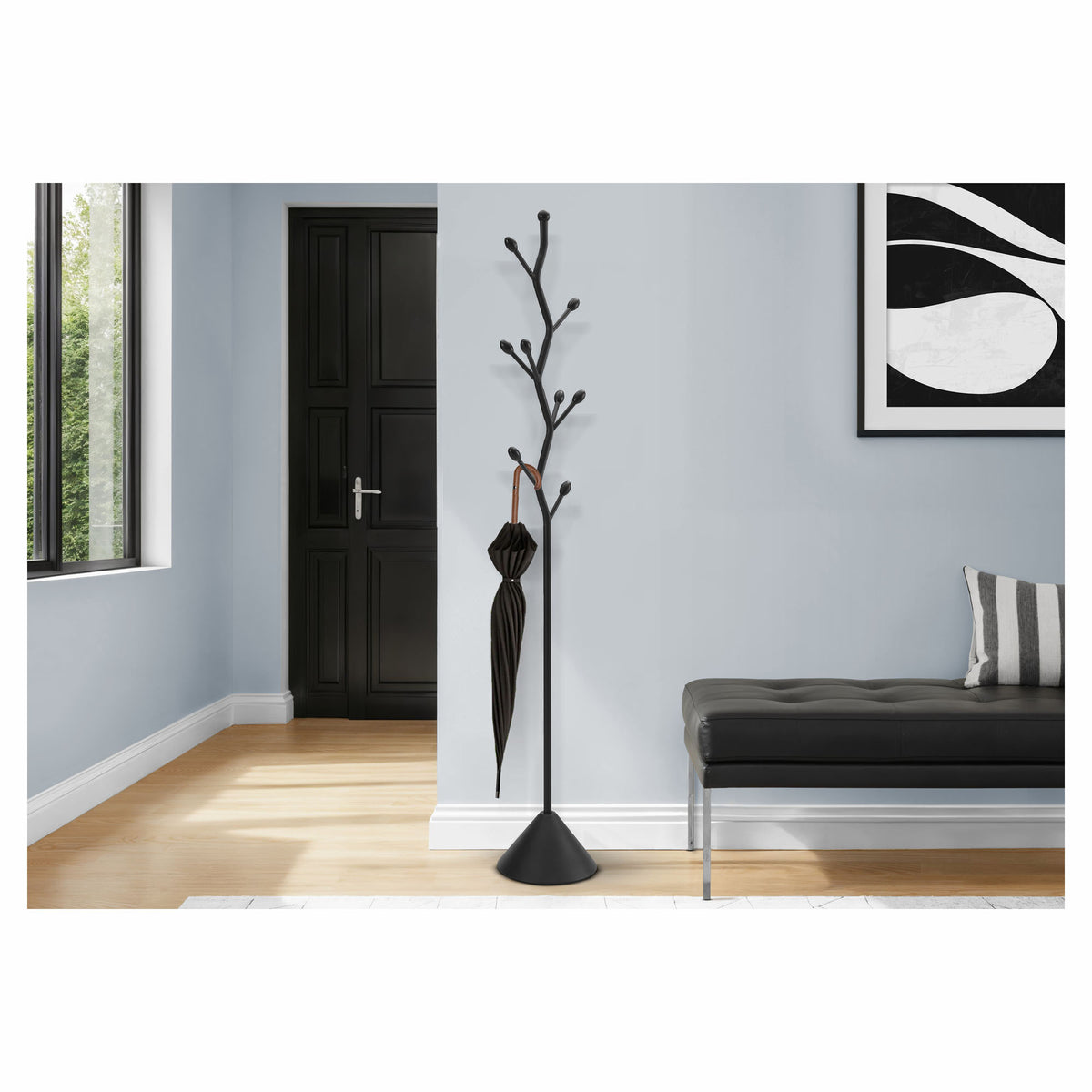 Porte-manteau de style contemporain en métal noir satiné, 72" 
