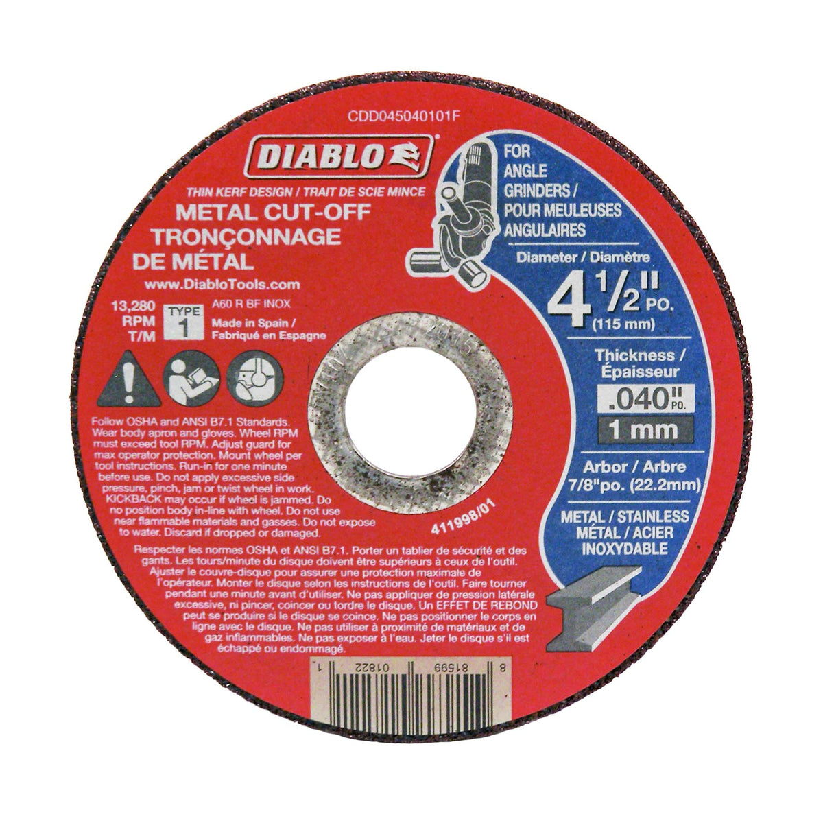 Disque de tronçonnage Diablo pour le métal de 4-1/2&quot; x 0.040&quot;, arbre de 7/8&#39;&#39;