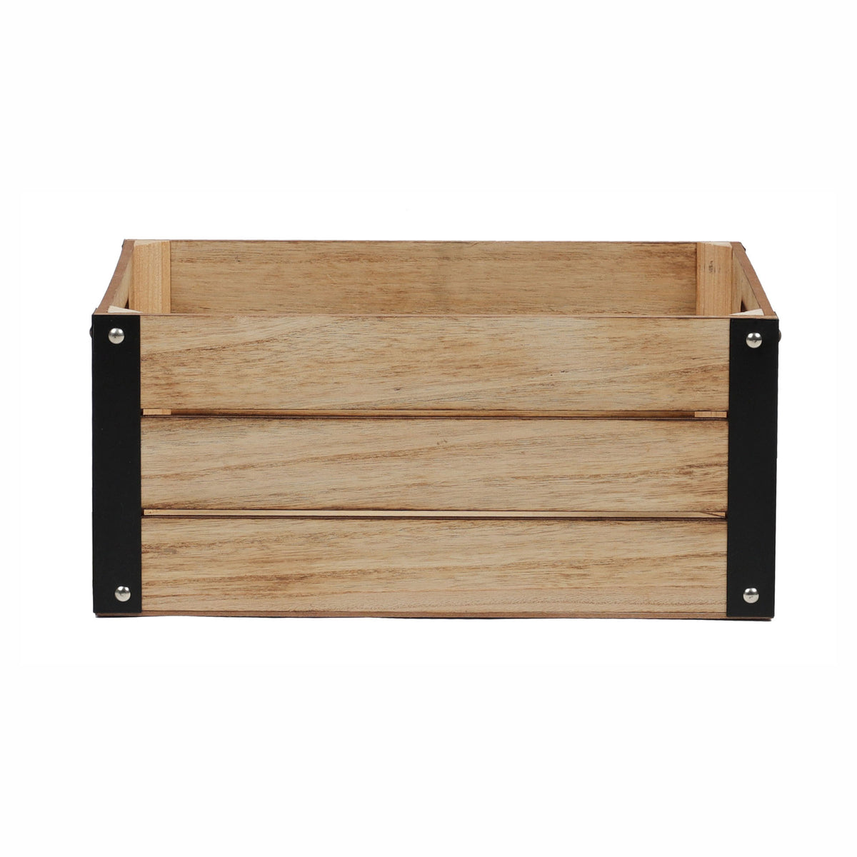 Caisse de rangement en bois naturel avec coins en métal noir, moyen
