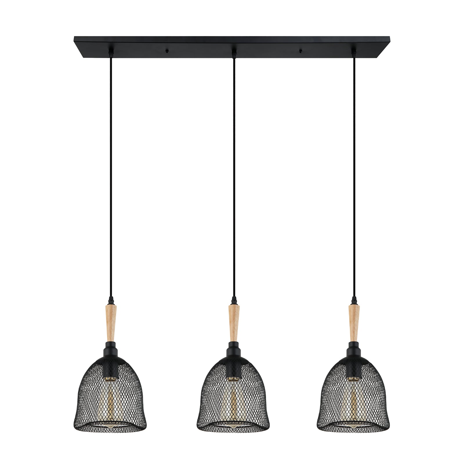 Suspension à 3 lumières en métal et bois avec abat-jours grillagés, noir