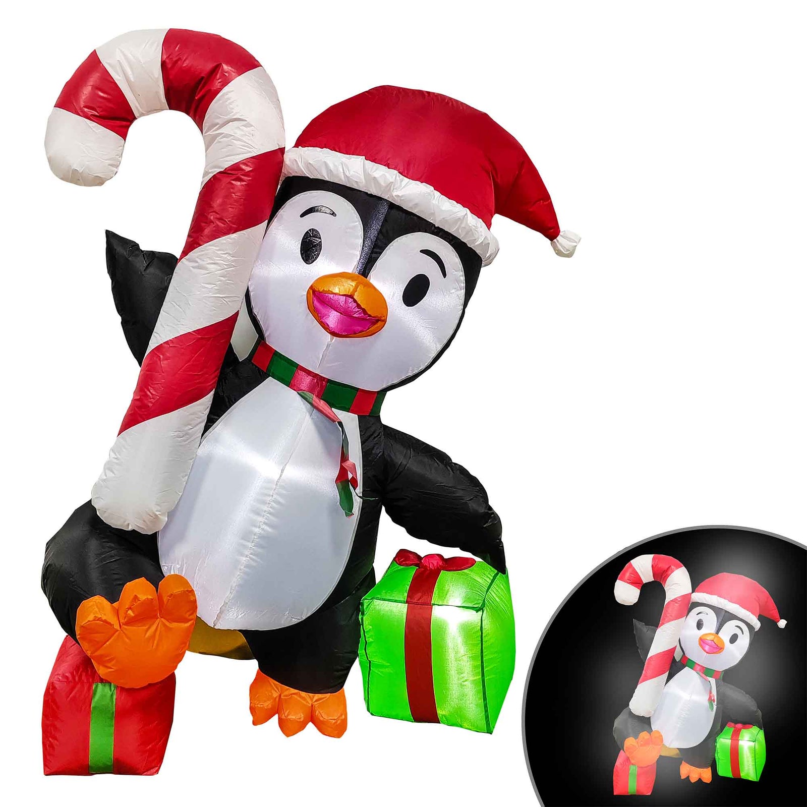 Pingouin avec cadeaux et canne gonflable et lumineux, 4'