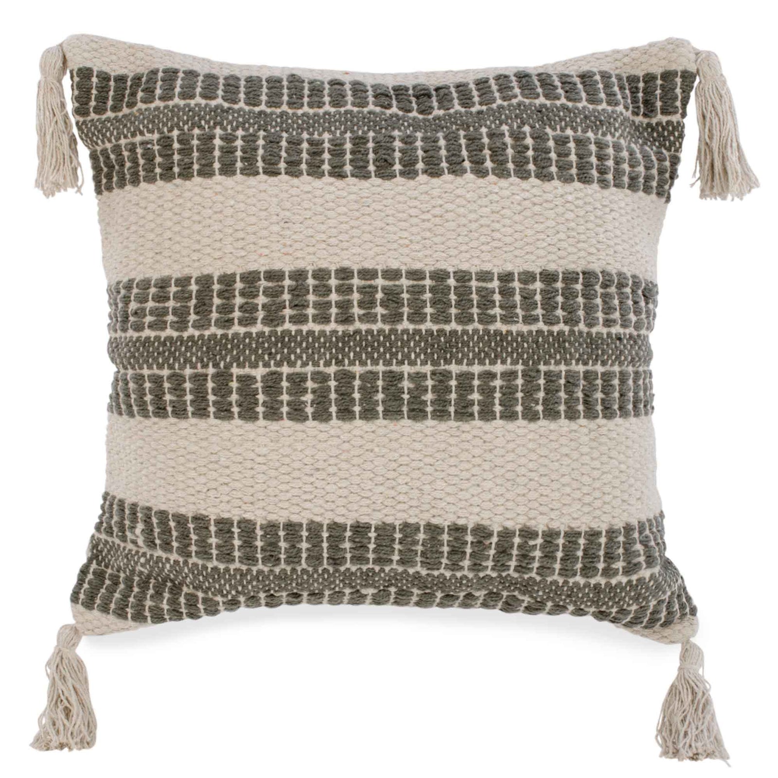 Coussin gris et beige avec pompons, 17" x 17"