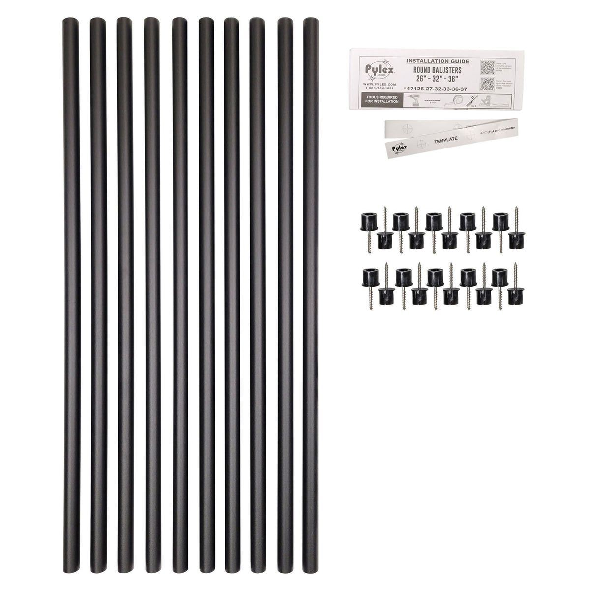 Balustres ronds avec connecteurs en acier noir mat, 36" x 3/4" (10 unités)  