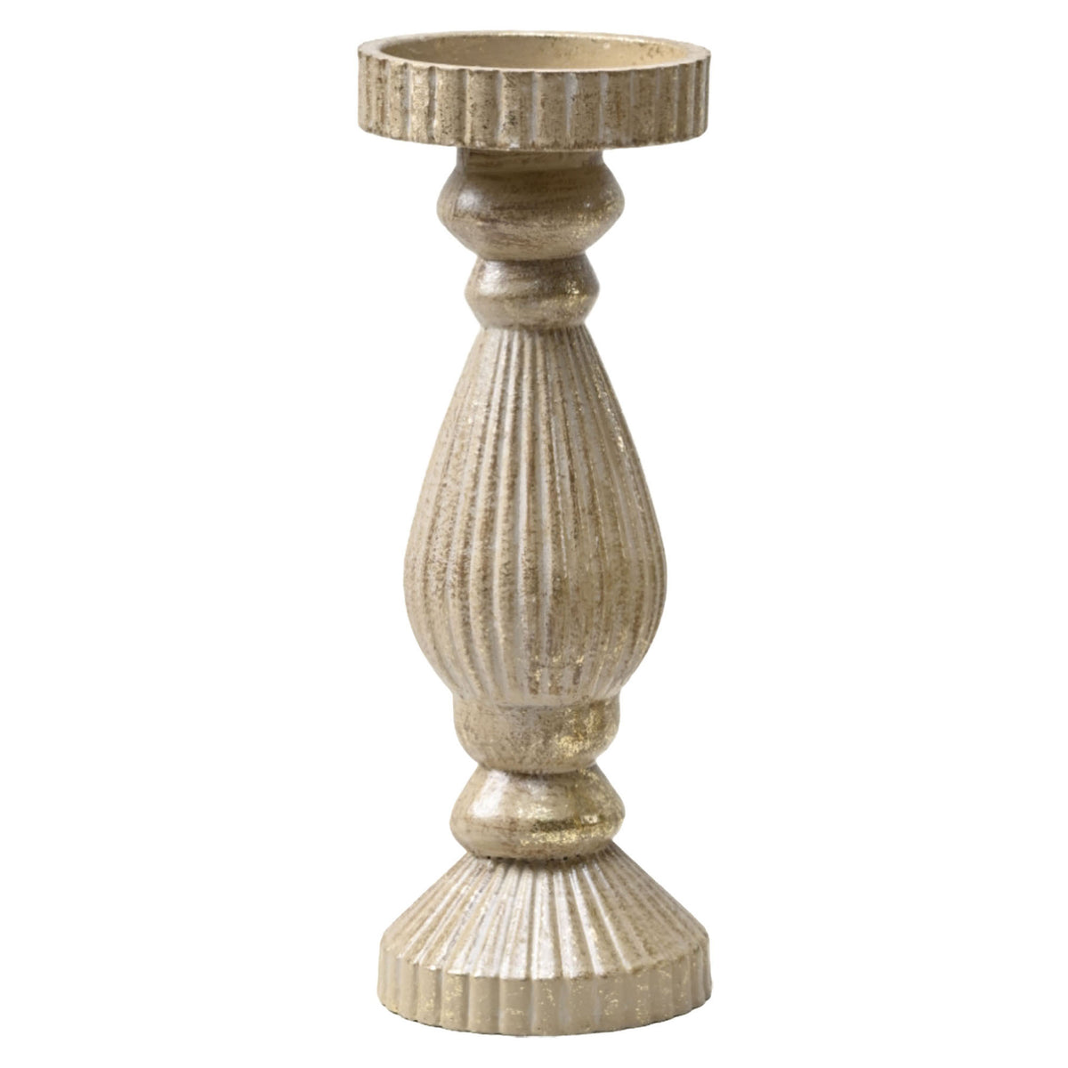 Porte-bougie antique d'aspect  bois avec un fini brossé brun clair et or, 11"